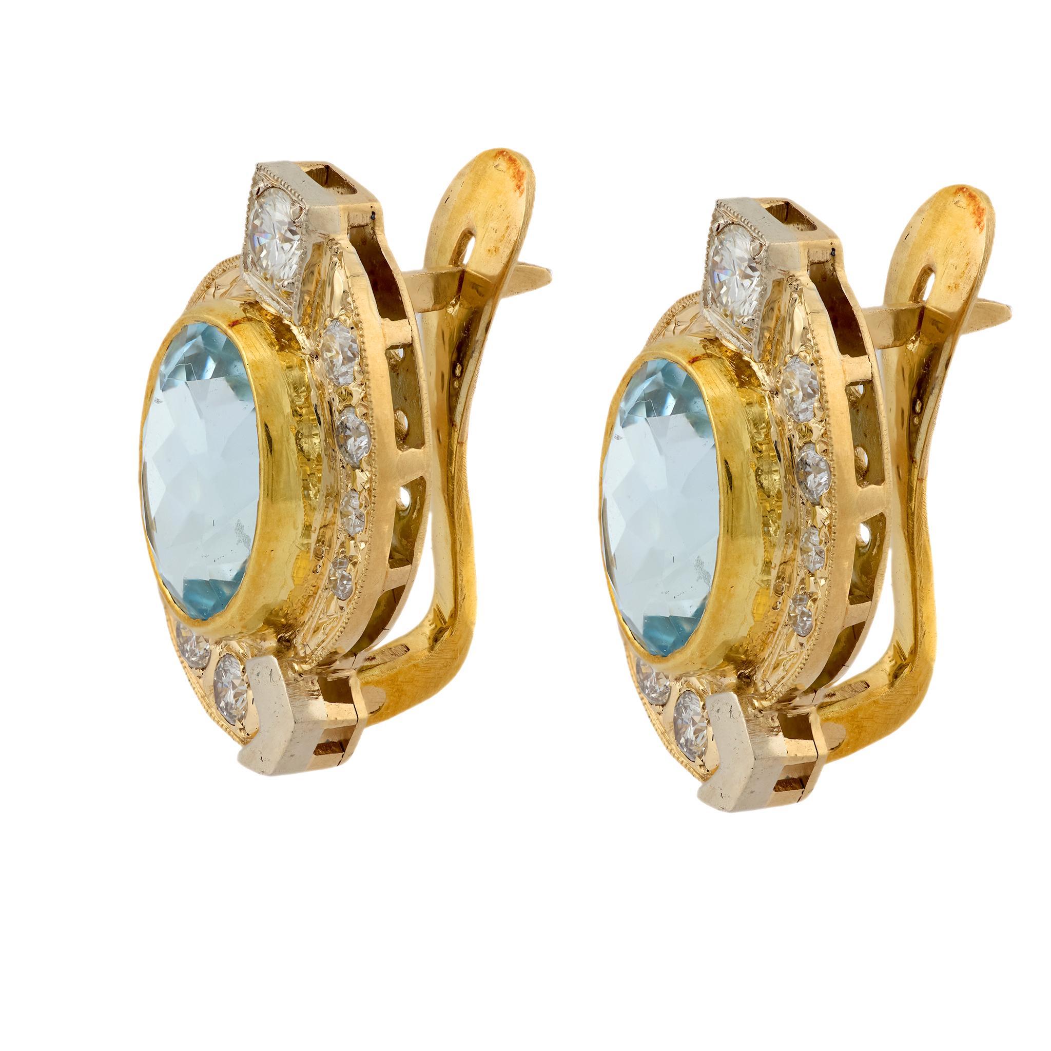 Vintage 6 Karat Aquamarin Diamant 18k Gelbgold Ohrringe (Moderne) im Angebot