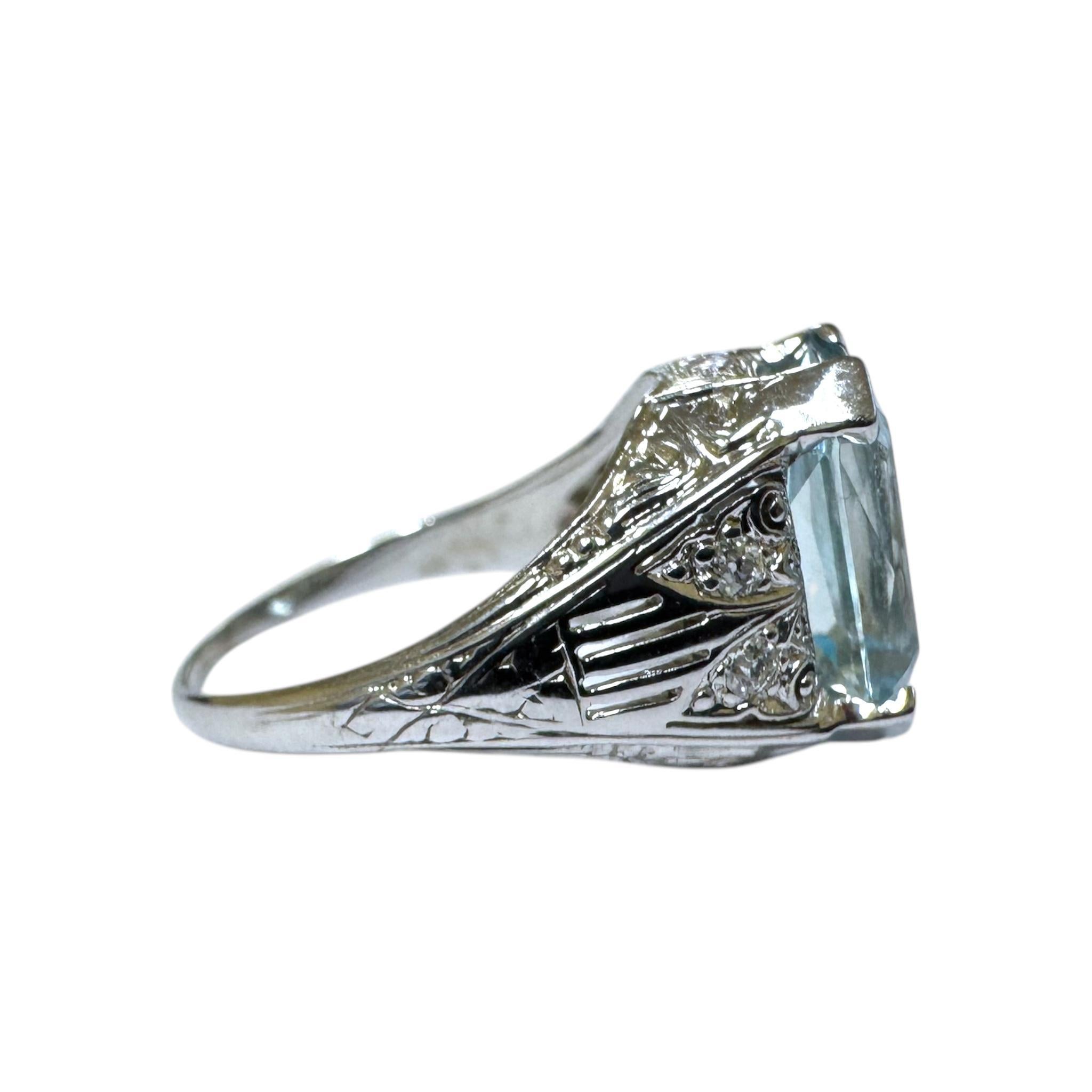 Anillo vintage de filigrana de aguamarina de 6 quilates y oro blanco de 18 quilates en venta 2