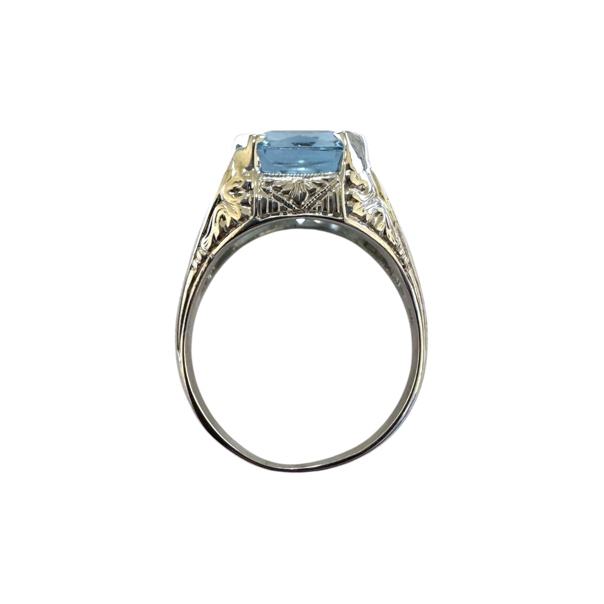 Anillo vintage de filigrana de aguamarina de 6 quilates y oro blanco de 18 quilates en venta 3