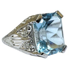 Anillo vintage de filigrana de aguamarina de 6 quilates y oro blanco de 18 quilates