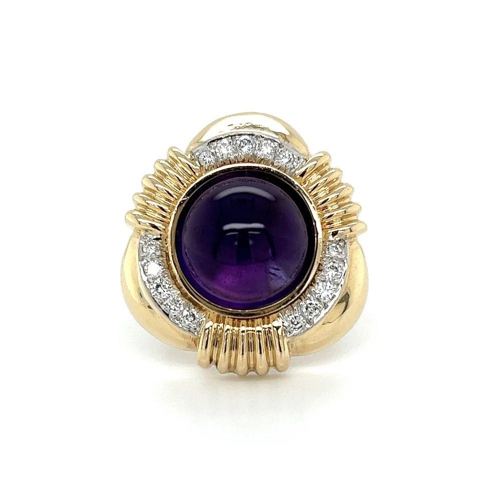 Round Cut Vintage 6 Carat Cabochon Amethyst and Diamond Triangular Retro Cocktail Ring For Sale