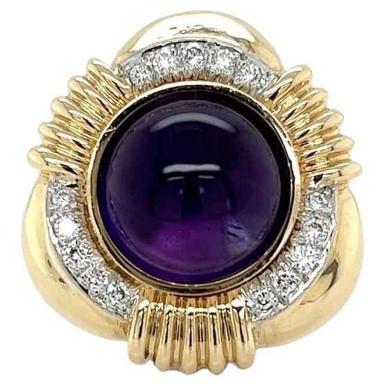 Vintage 6 Carat Cabochon Amethyst and Diamond Triangular Retro Cocktail Ring