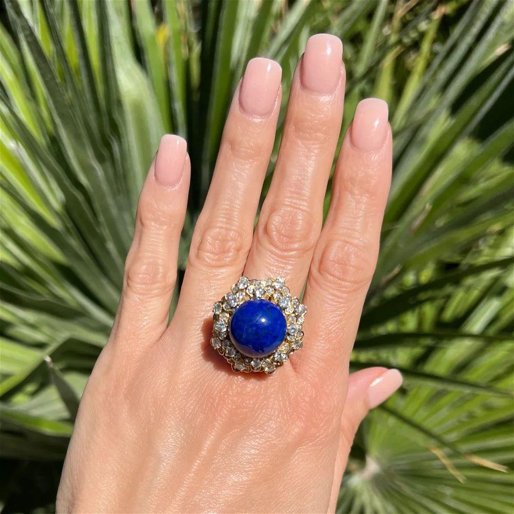 Modern Vintage 6 Carat Cabochon Lapis Lazuli and Diamond Gold Cocktail Ring For Sale