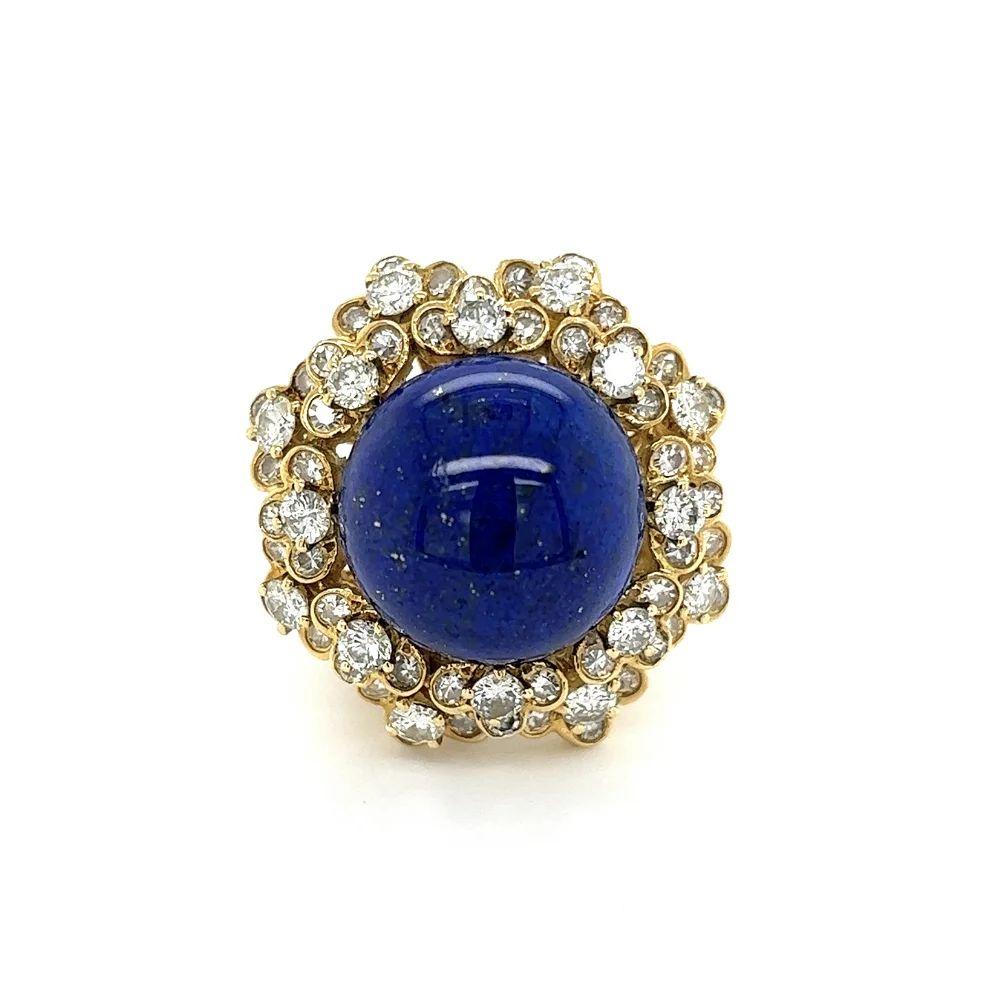 Mixed Cut Vintage 6 Carat Cabochon Lapis Lazuli and Diamond Gold Cocktail Ring For Sale