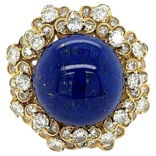 Vintage 6 Carat Cabochon Lapis Lazuli and Diamond Gold Cocktail Ring For Sale