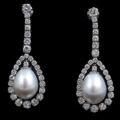 Vintage 6 Carat Diamond Cultured Pearl Drop Earrings White Gold 20th Century