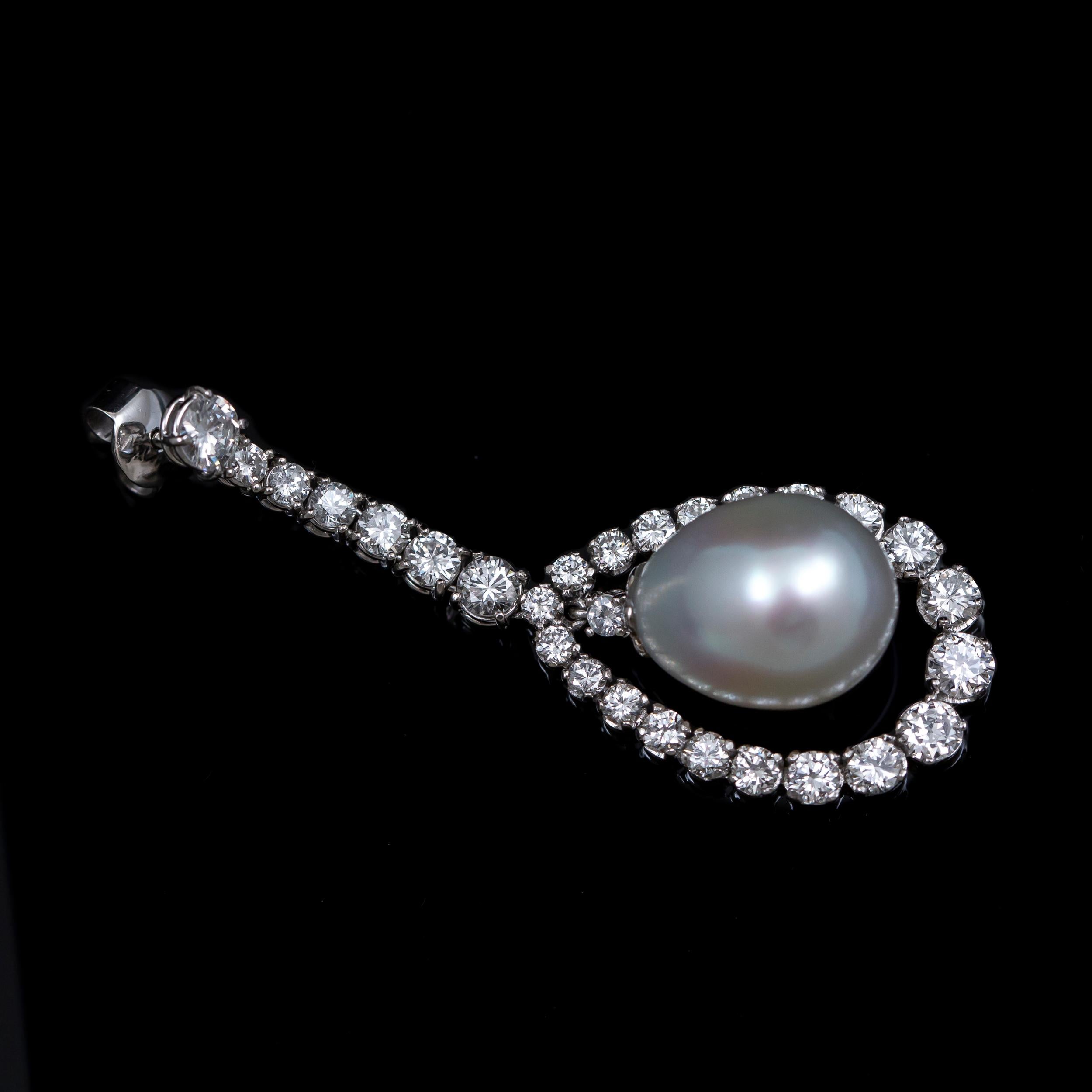 Round Cut Vintage 6 Carat Diamond Cultured Pearl Drop Earrings White Gold 20th Century For Sale