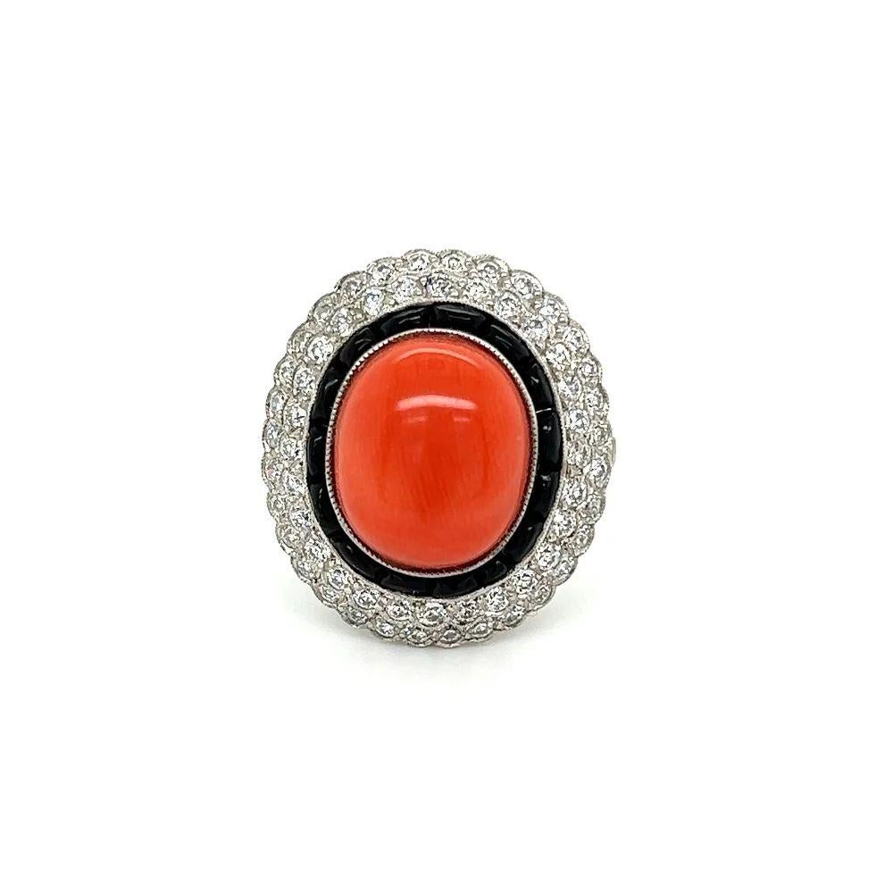 Oval Cut Vintage 6 Carat Oval Coral Diamond and Onyx Platinum Cocktail Ring For Sale