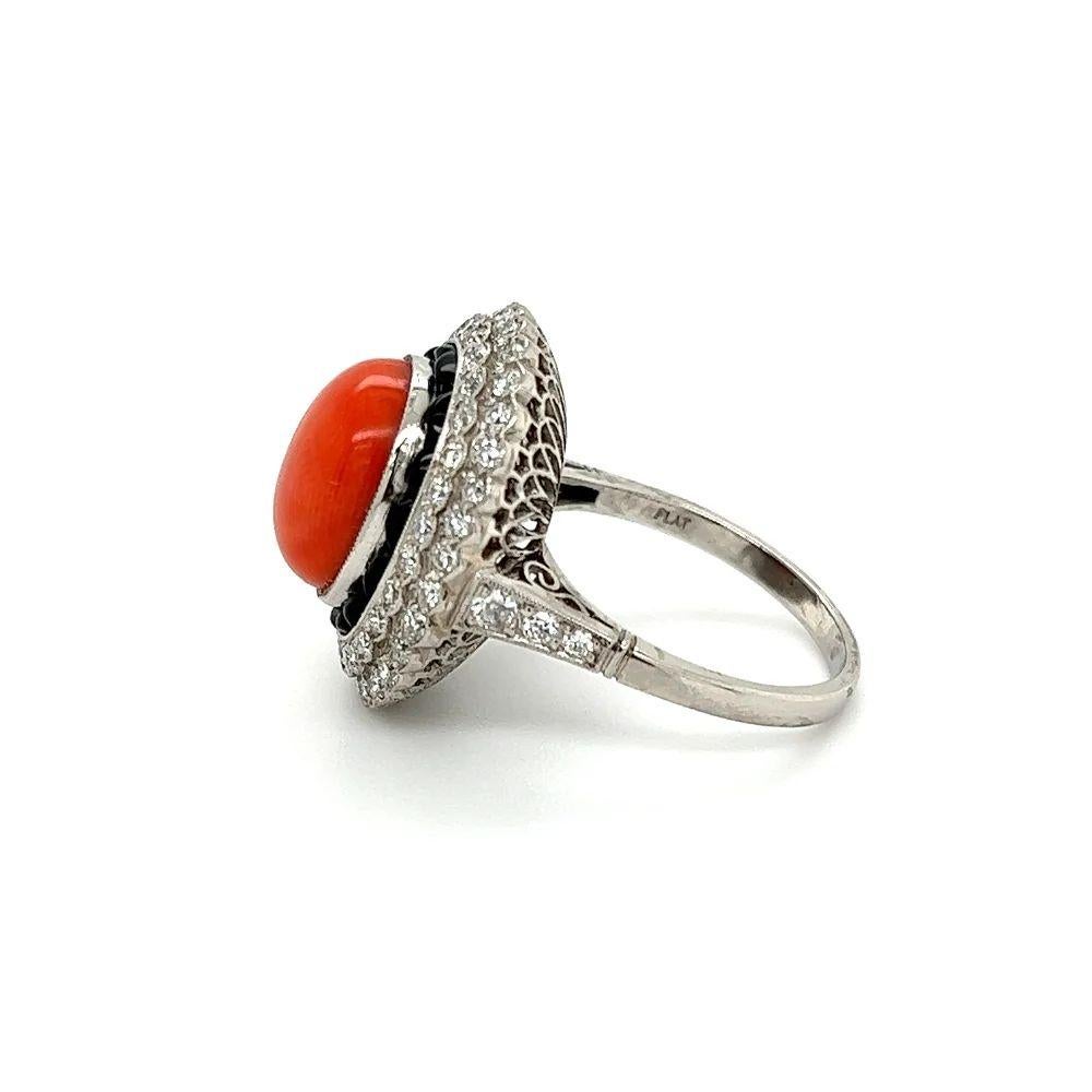 Women's Vintage 6 Carat Oval Coral Diamond and Onyx Platinum Cocktail Ring For Sale