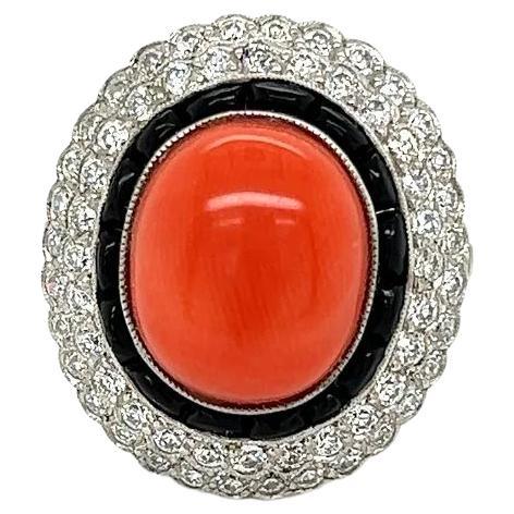Vintage 6 Carat Oval Coral Diamond and Onyx Platinum Cocktail Ring For Sale