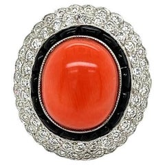 Vintage 6 Carat Oval Coral Diamond and Onyx Platinum Cocktail Ring