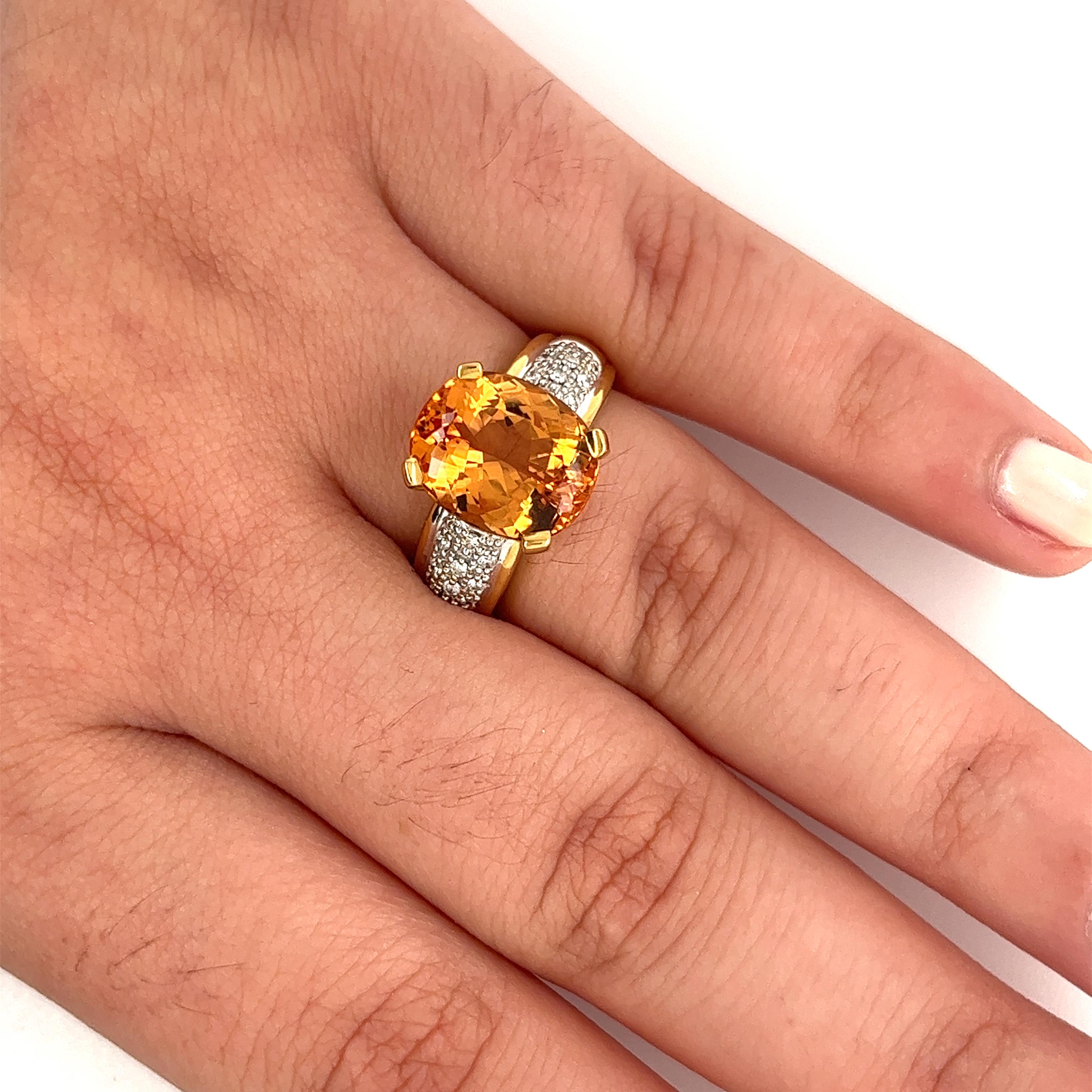 Women's Vintage 6 Carat Oval Cut Orange Topaz & Round Cut Diamond Ring in 18K Solid Gold For Sale