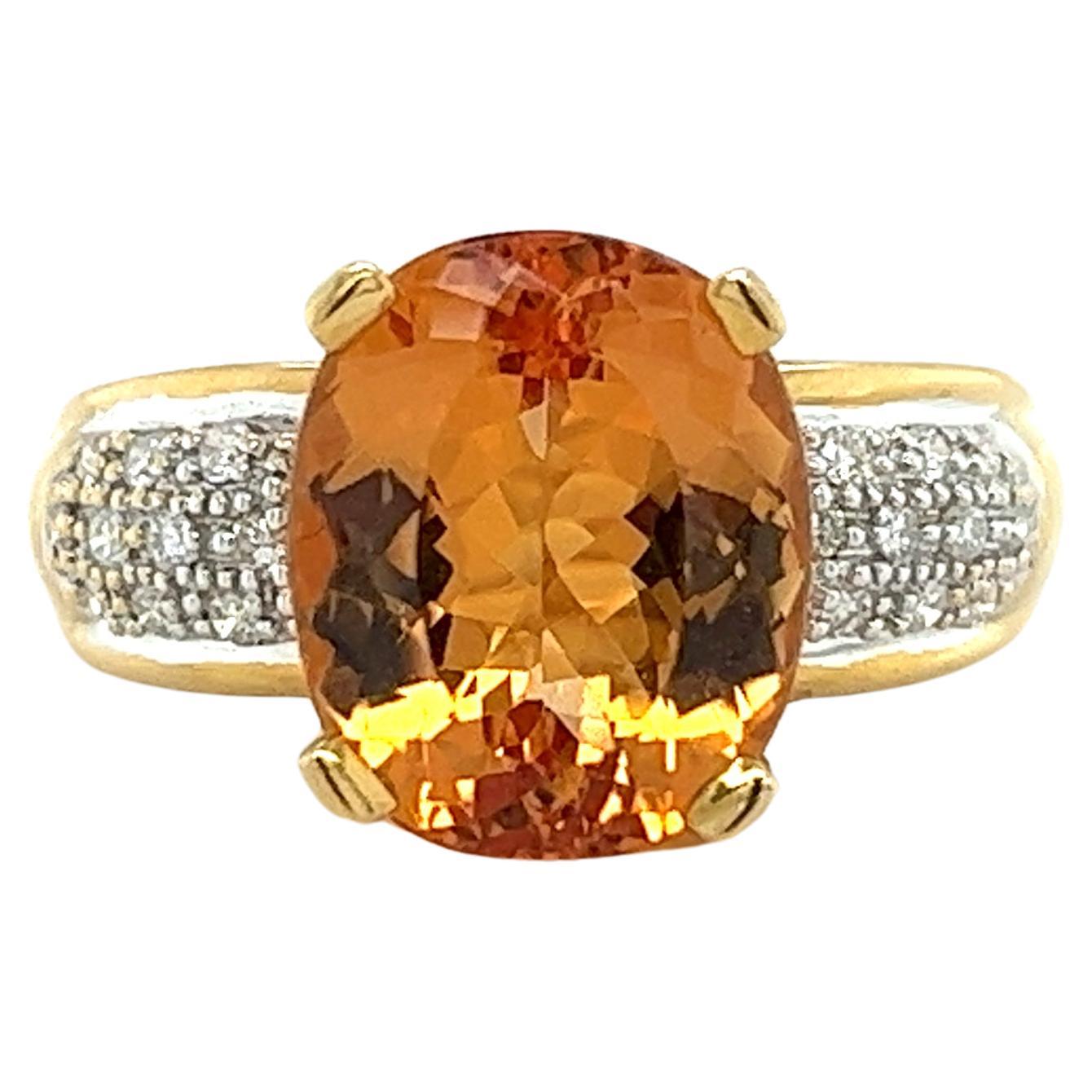 Vintage 6 Carat Oval Cut Orange Topaz & Round Cut Diamond Ring in 18K Solid Gold For Sale
