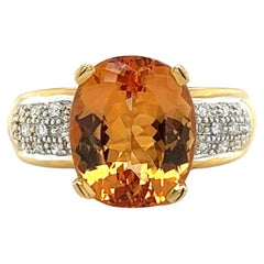 Bague vintage en or massif 18 carats, topaze orange taille ovale de 6 carats et diamants taille ronde