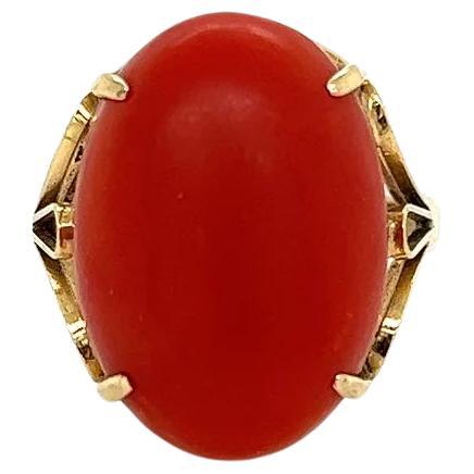 Vintage 6 Carat Oval Red Coral Solitaire Gold Cocktail Ring