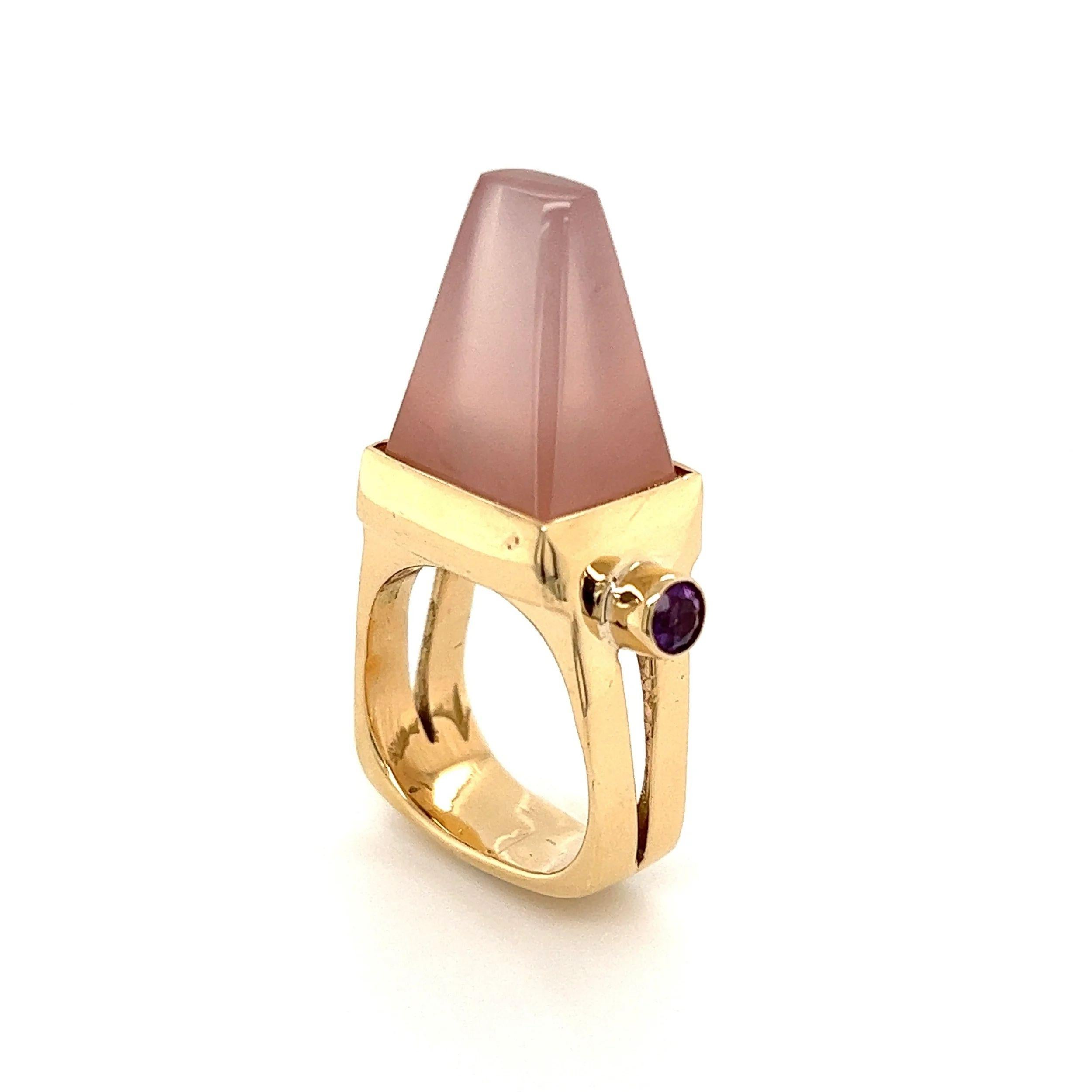 Simply Beautiful! Finely detailed Rose Quartz and Diamond Vintage Gold Ring. Centering a securely nestled Hand set Pyramid Rose Quartz, weighing approx. 6 Carats. Accented by Amethyst, weighing approx. 0.40tcw. Approx. dimensions: 1.52” l x 0. 91” w
