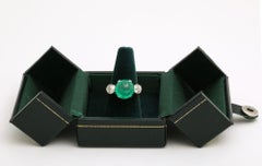 Art Deco Fine Natural Emerald 6Ct Cabochon Ring  Flanked by Bezel Set Diamonds