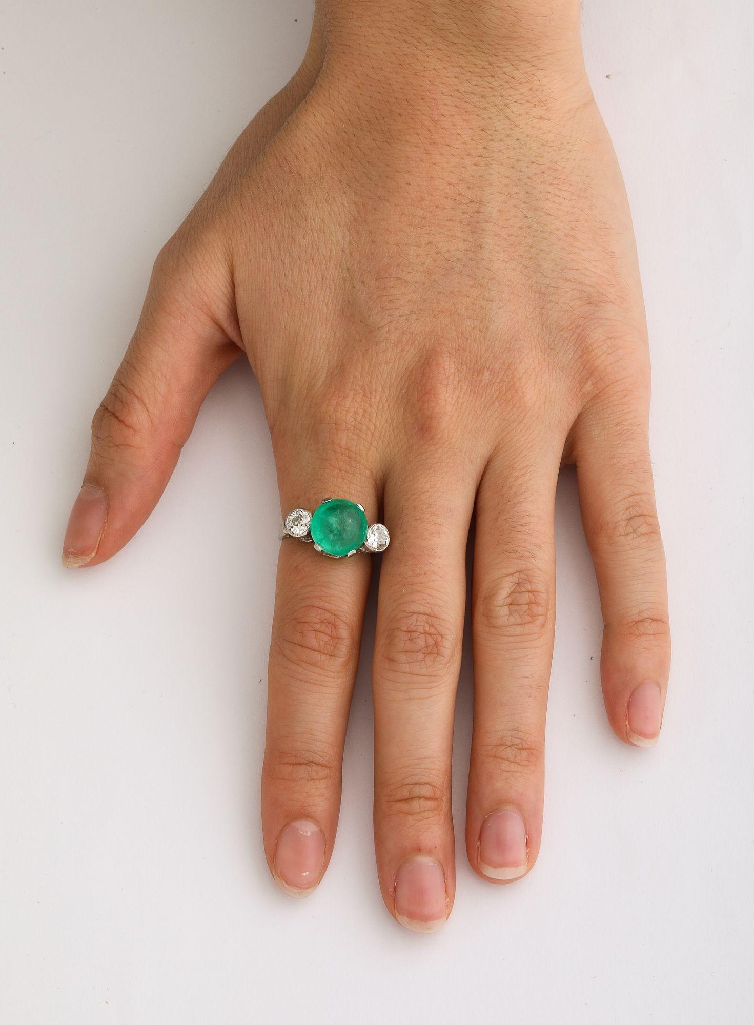 Old European Cut Art Deco 6 ct Fine Cabochon Emerald and Diamond Platinum Engagement  Ring For Sale