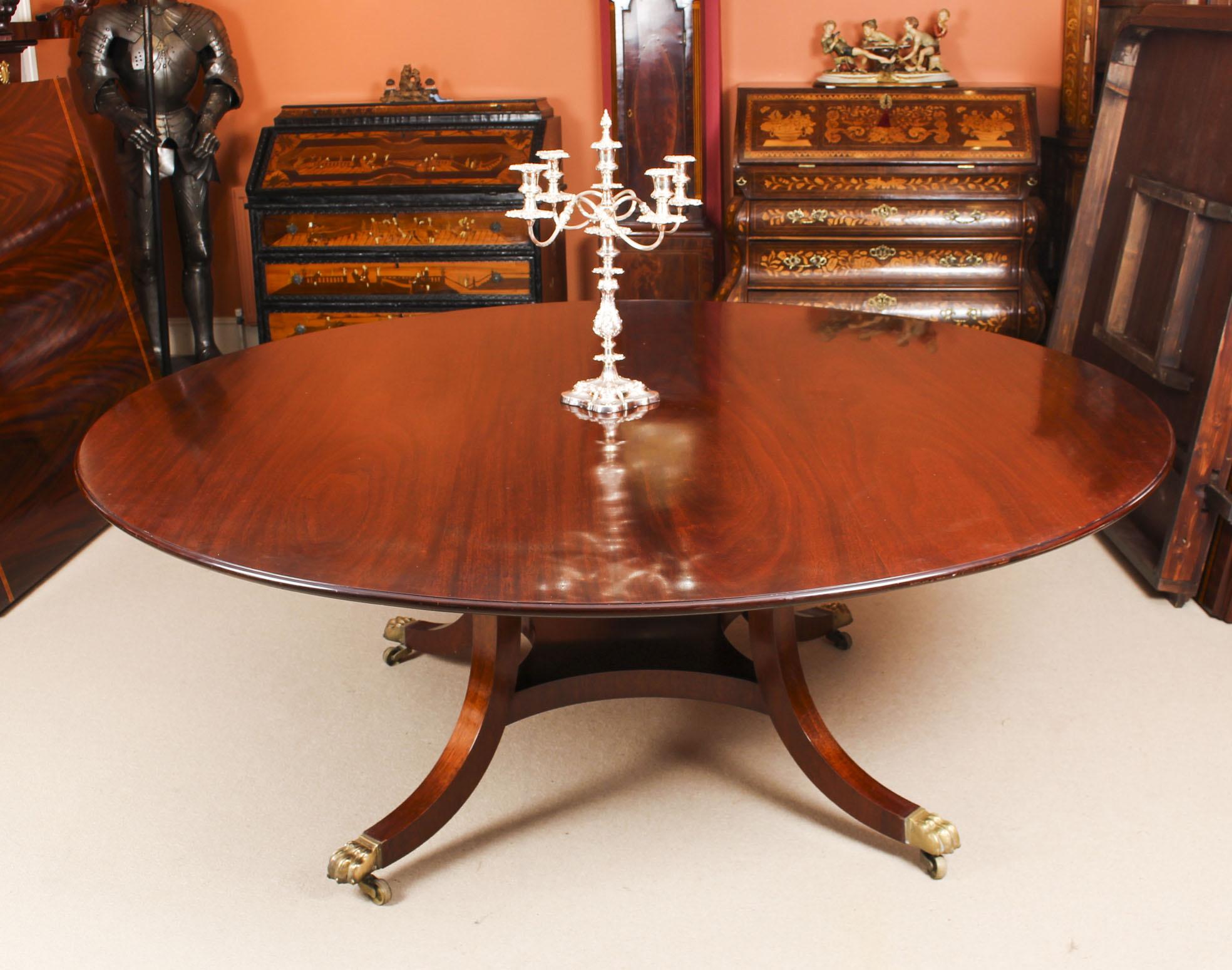 This beautiful Regency Revival flame mahogany dining table was made by the Master Cabinet maker William Tillman and bears his label on the underside, it can seat eight people in comfort and is Circa 1970 in date.

The fabulous 6ft 6 inch diameter