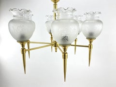 Vintage 6 Light Chandelier Brass and Frosted Glass Ceiling Lamp, France, 1970