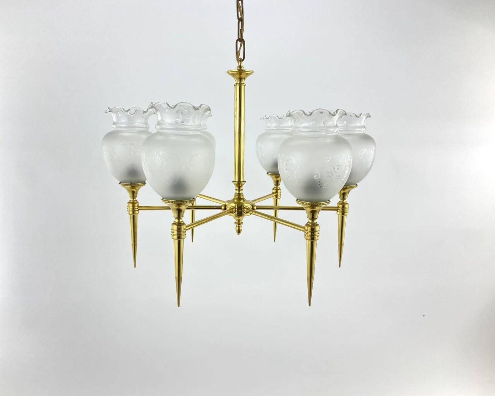 French Vintage 6 Light Chandelier Brass and Frosted Glass Ceiling Lamp, France, 1970 For Sale