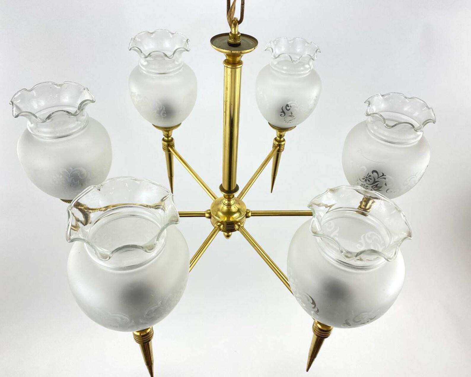 20th Century Vintage 6 Light Chandelier Brass and Frosted Glass Ceiling Lamp, France, 1970 For Sale
