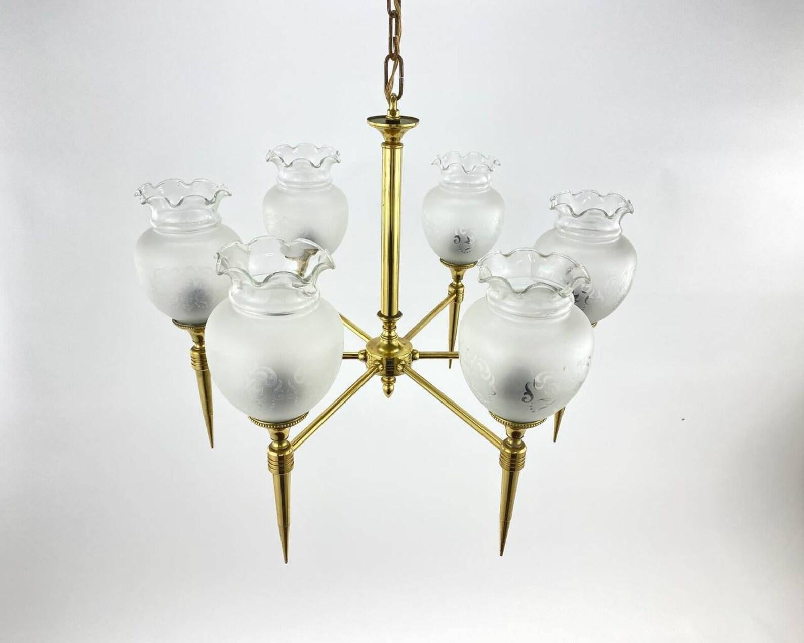 Vintage 6 Light Chandelier Brass and Frosted Glass Ceiling Lamp, France, 1970 For Sale 1