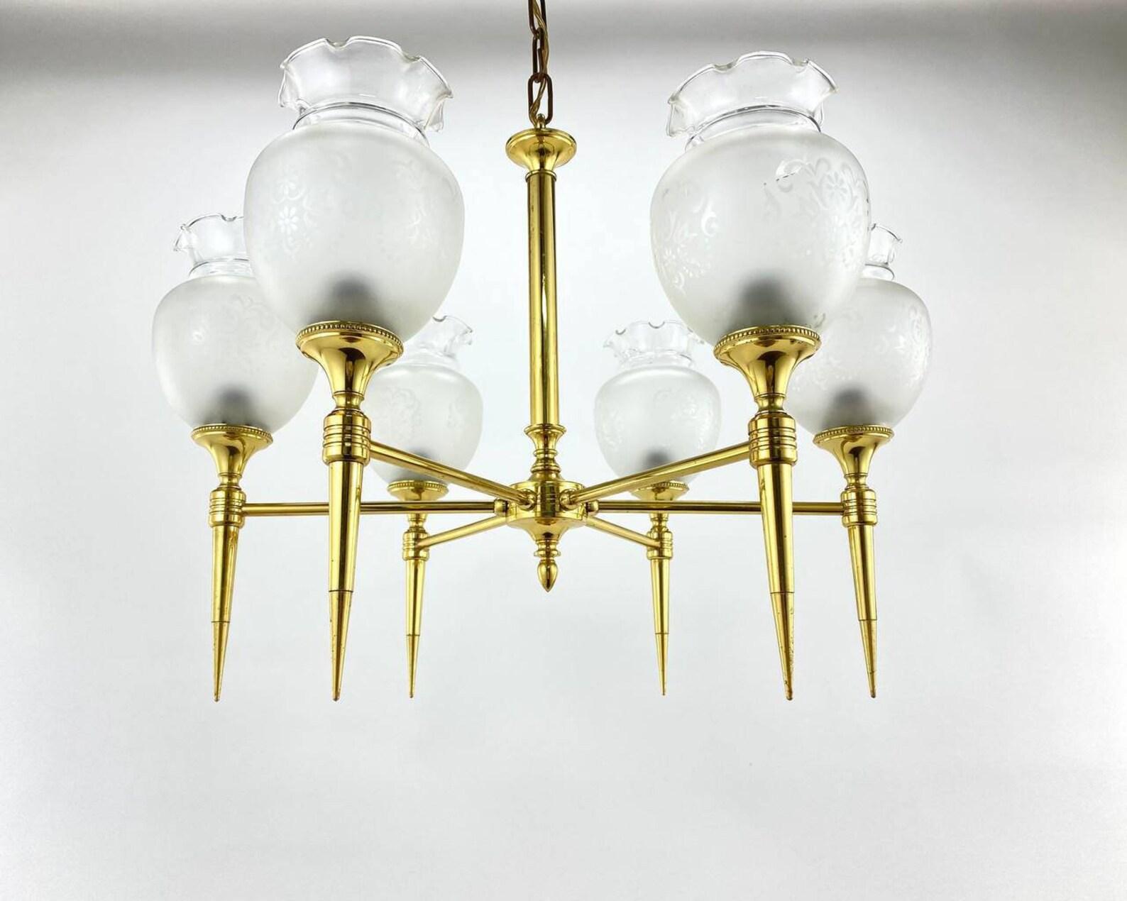 Vintage 6 Light Chandelier Brass and Frosted Glass Ceiling Lamp, France, 1970 For Sale 2