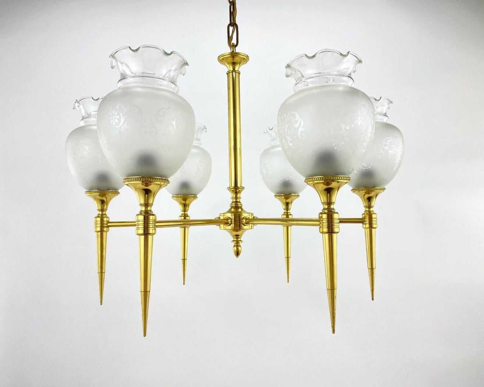 Vintage 6 Light Chandelier Brass and Frosted Glass Ceiling Lamp, France, 1970 For Sale 3