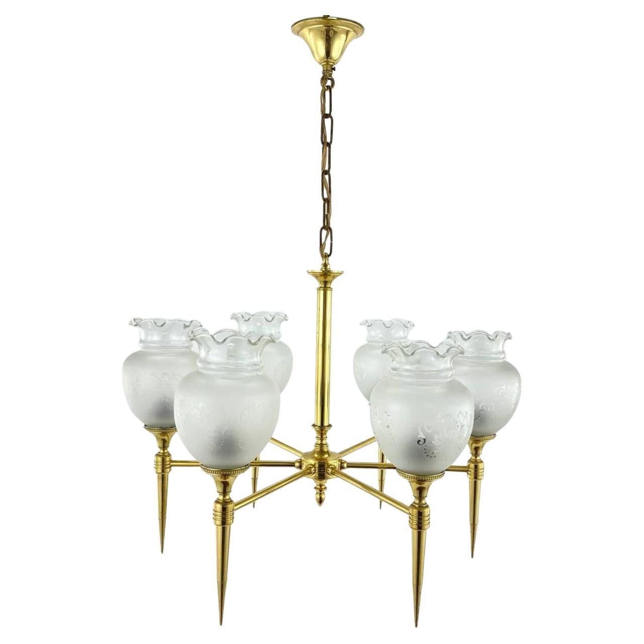 Vintage 6 Light Chandelier Brass and Frosted Glass Ceiling Lamp, France, 1970 For Sale