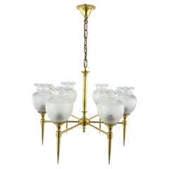 Vintage 6 Light Chandelier Brass and Frosted Glass Ceiling Lamp, France, 1970