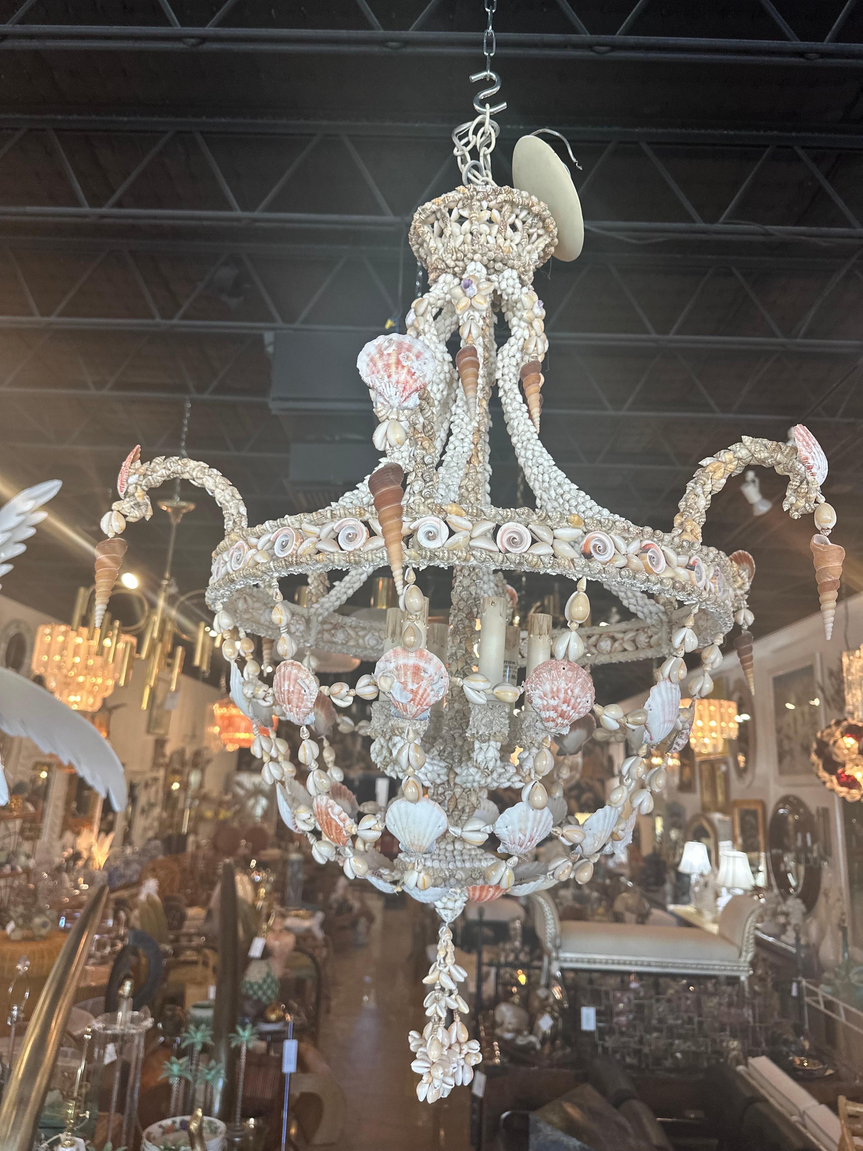 Vintage 6 Light Encrusted Seashell Shell Palm Beach Chandelier 6