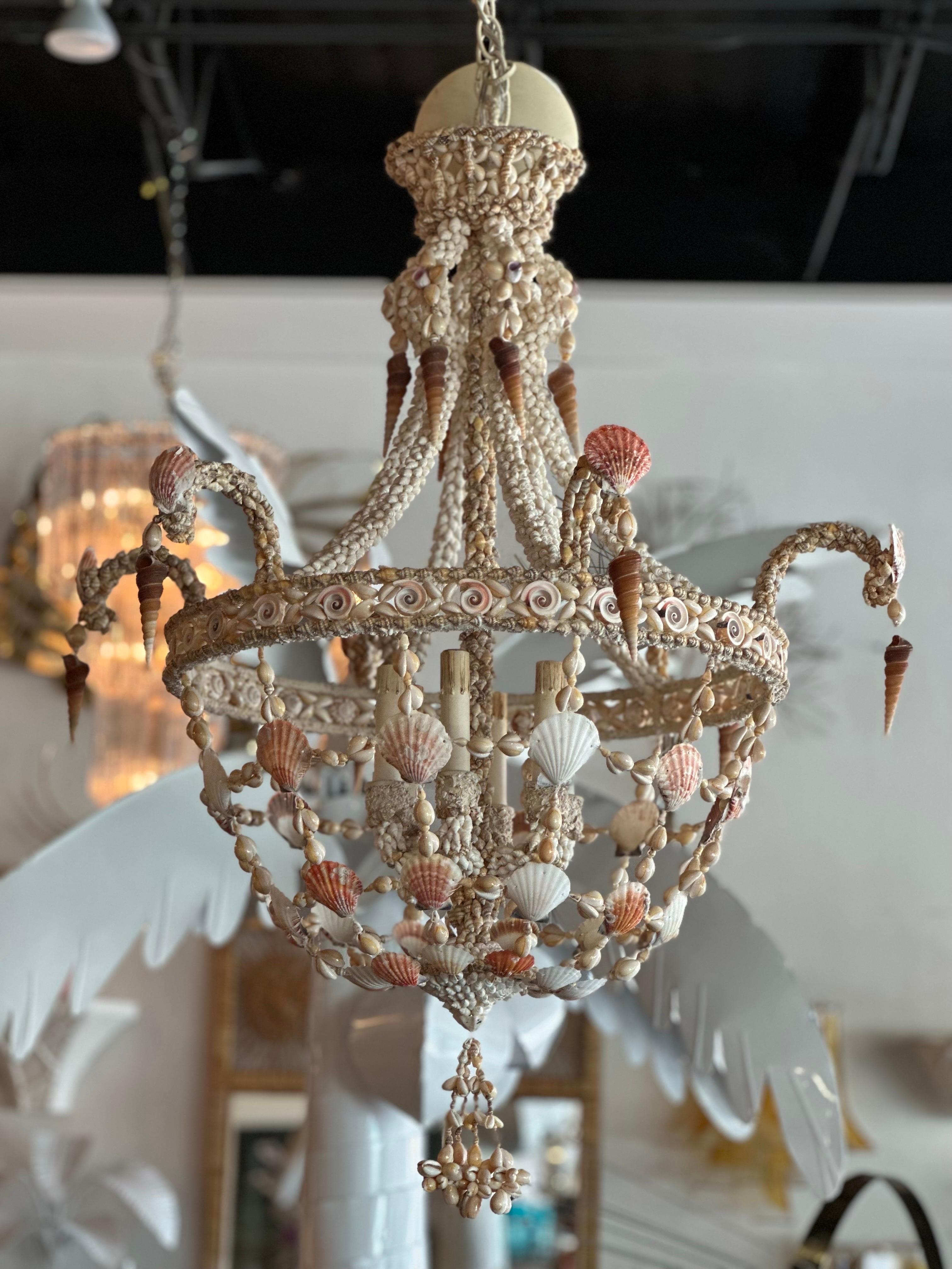 Vintage 6 Light Encrusted Seashell Shell Palm Beach Chandelier 7