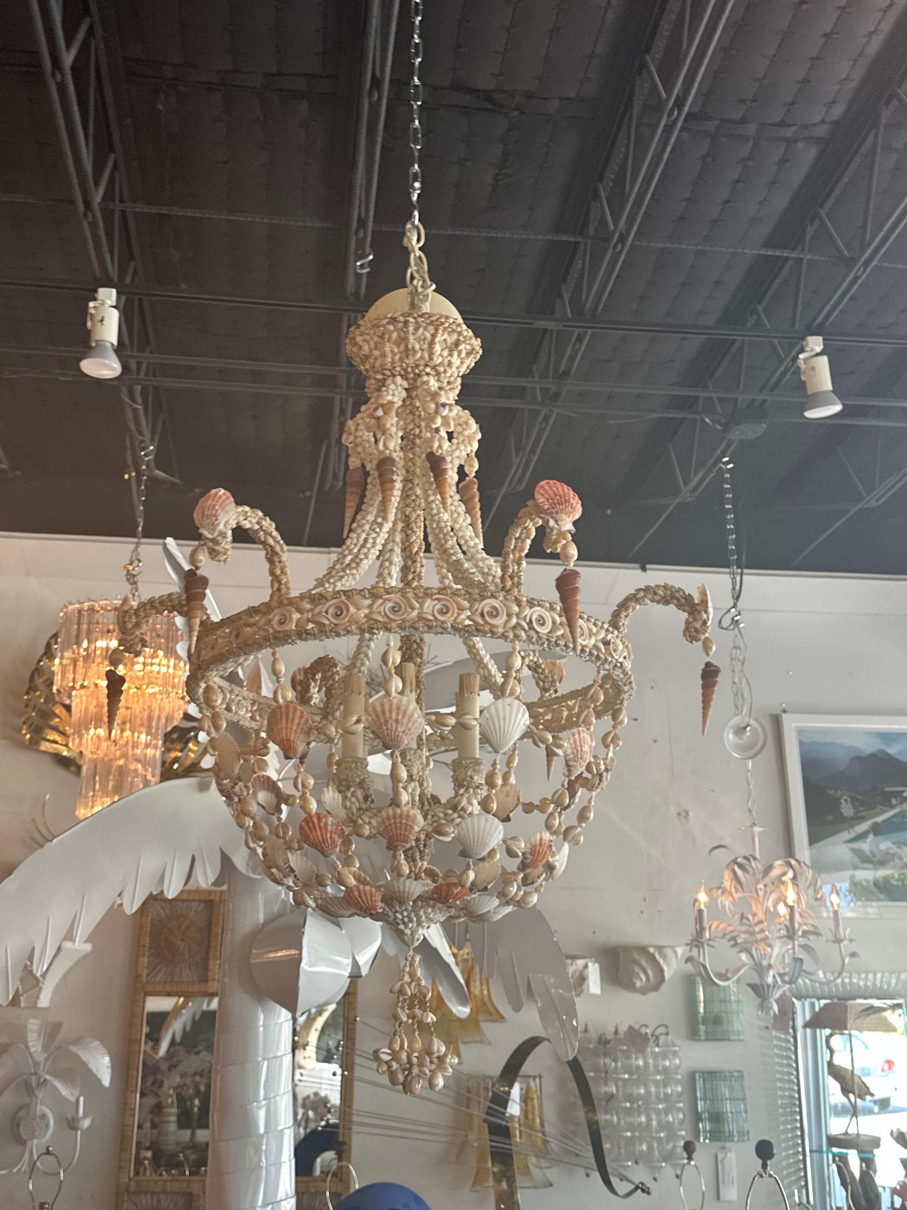 Vintage 6 Light Encrusted Seashell Shell Palm Beach Chandelier 10