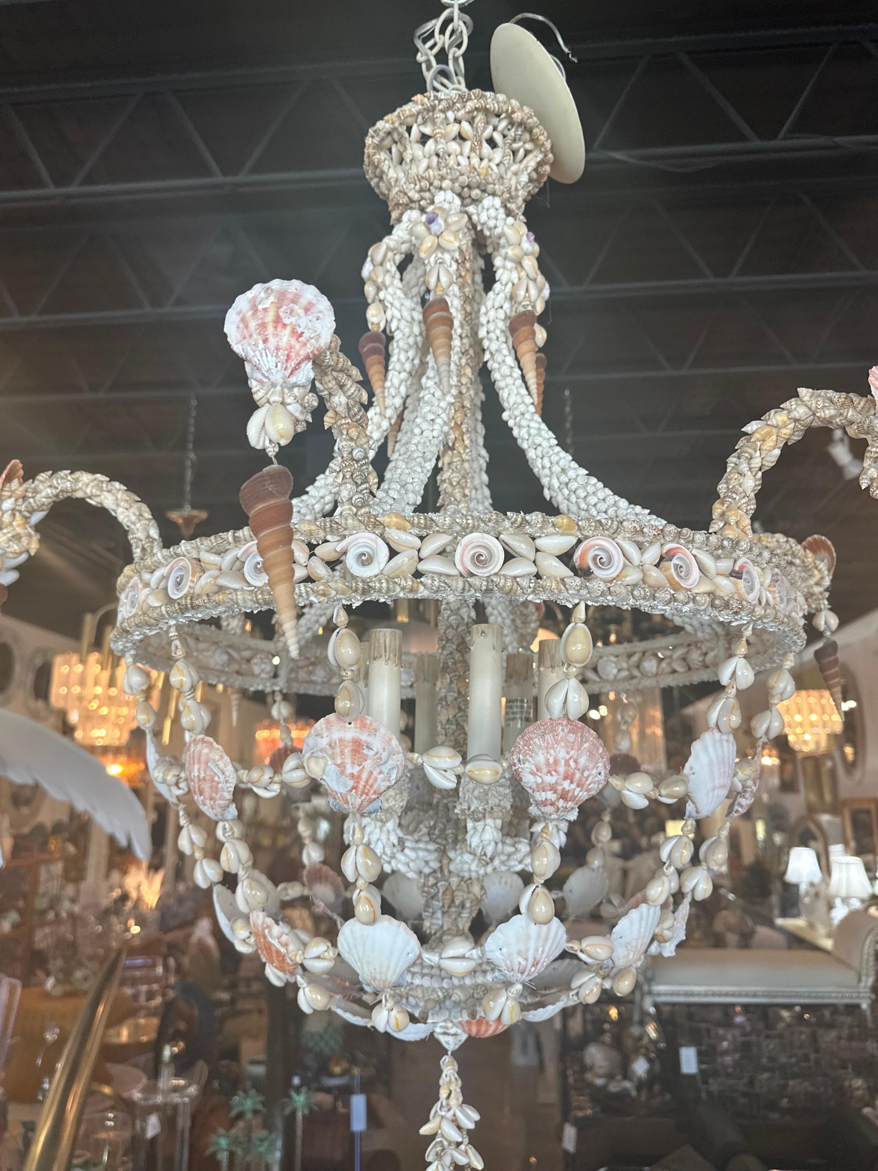 Vintage 6 Light Encrusted Seashell Shell Palm Beach Chandelier 11