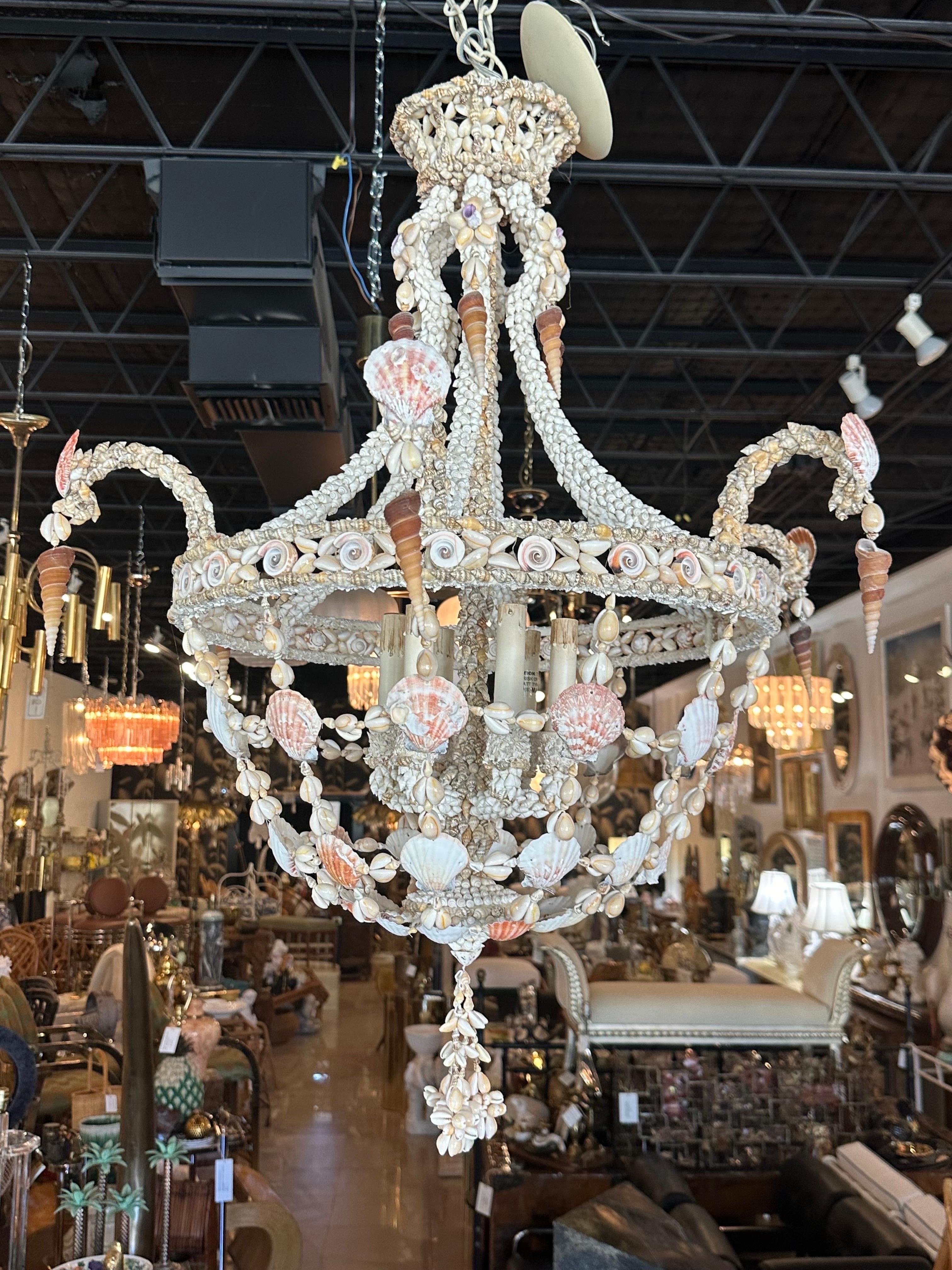 Beautiful vintage Palm Beach seashell shell chandelier. 6 lights. Tested, working order. No damage or shells missing. Excellent condition. Comes with ceiling cap and chain. Dimensions of chandelier only, does not include chain length, 38 H x 28 W. 