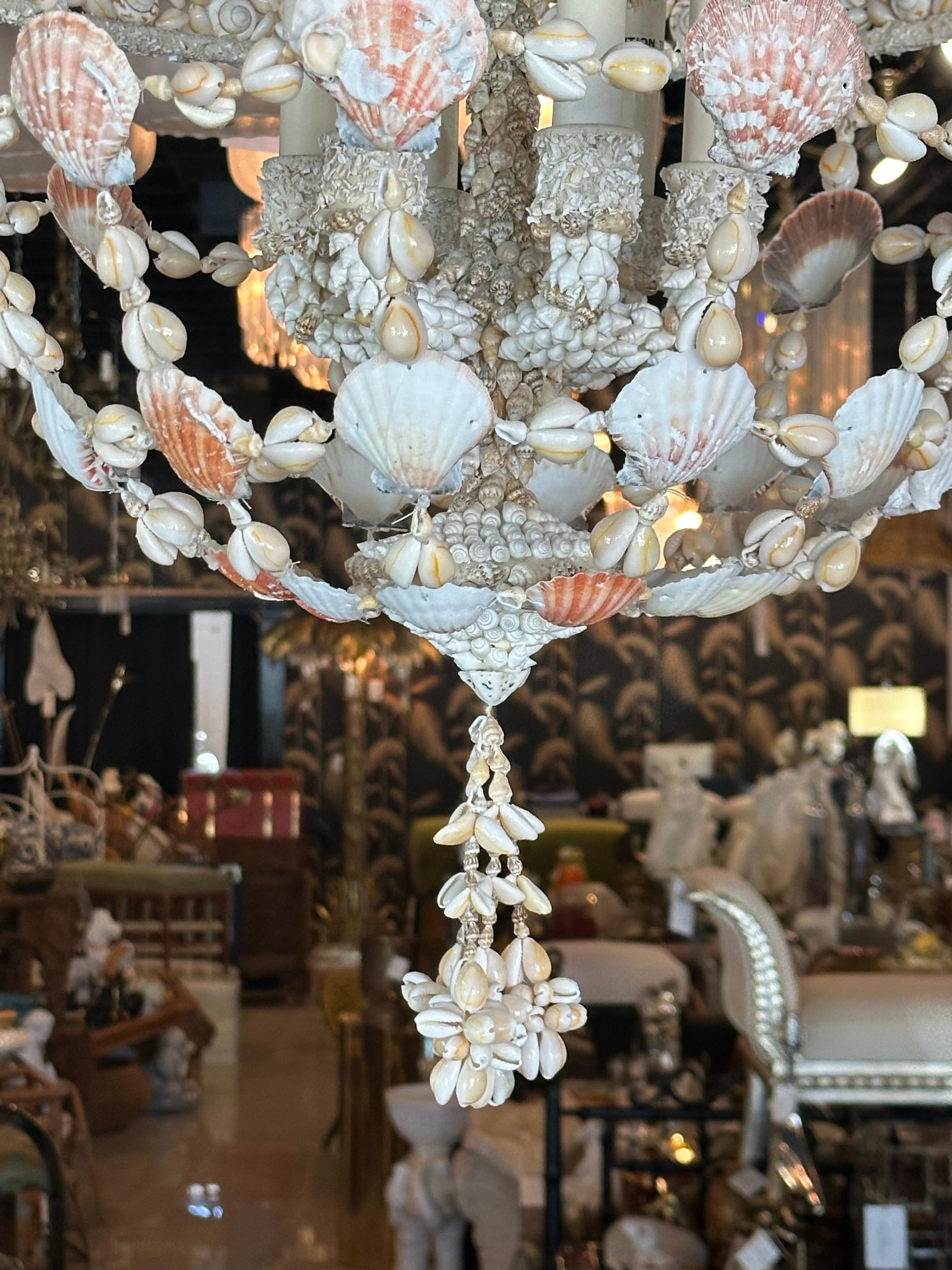 Hollywood Regency Vintage 6 Light Encrusted Seashell Shell Palm Beach Chandelier