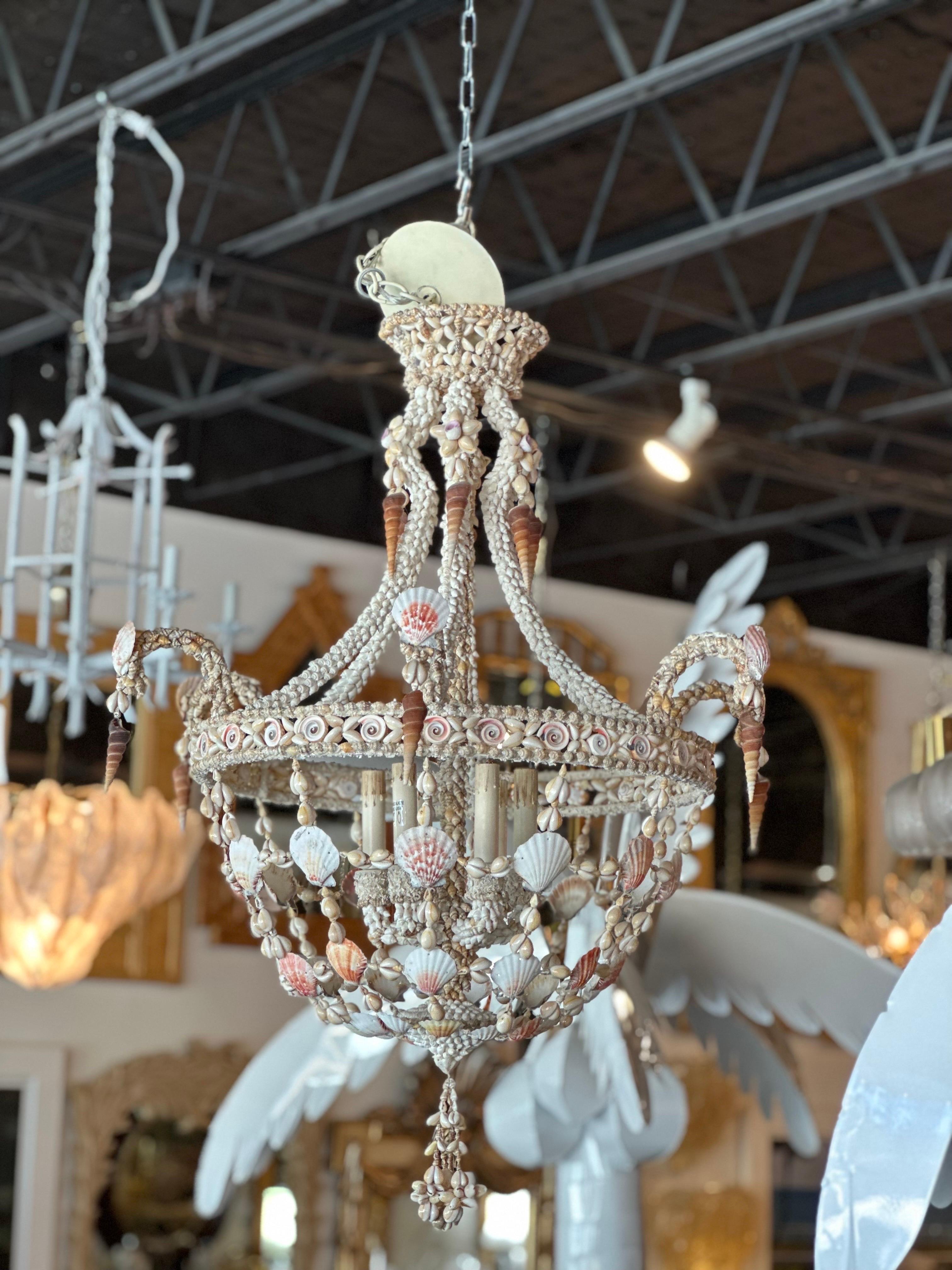 Vintage 6 Light Encrusted Seashell Shell Palm Beach Chandelier 1