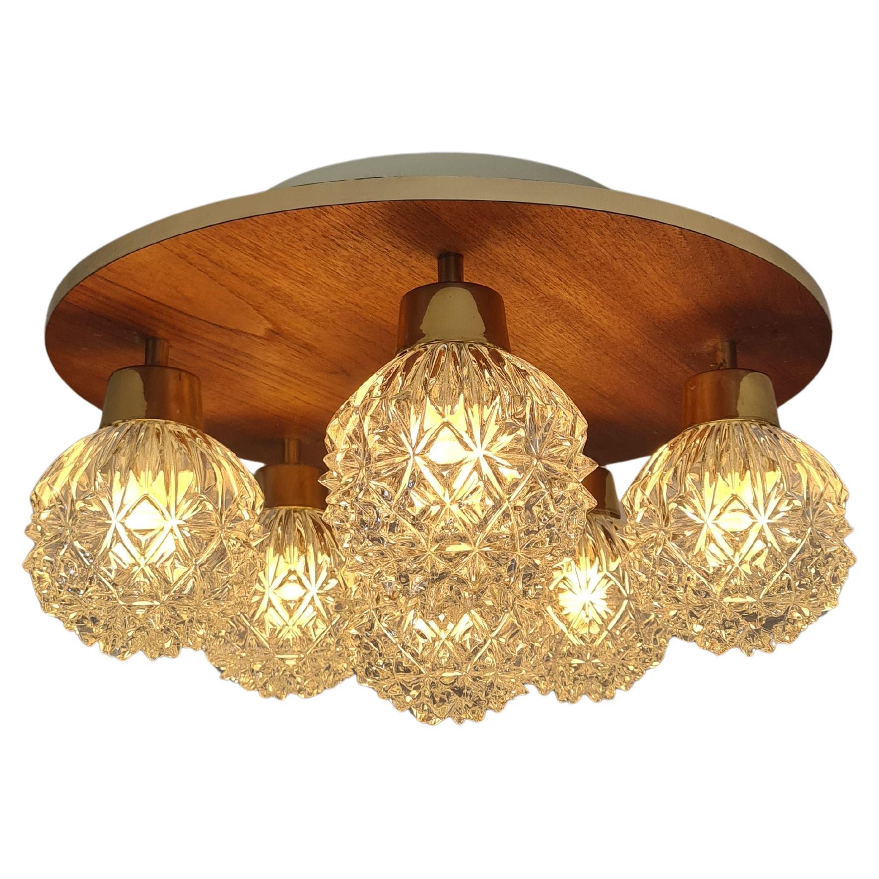 Lampada a incasso d'epoca a 6 luci in vetro, ottone e teak, Hyval KP 68, Finlandia, 1960