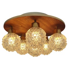 Vintage 6 Light Flushmount in Glass, Brass and Teak, Hyval KP 68, Finland 1960s