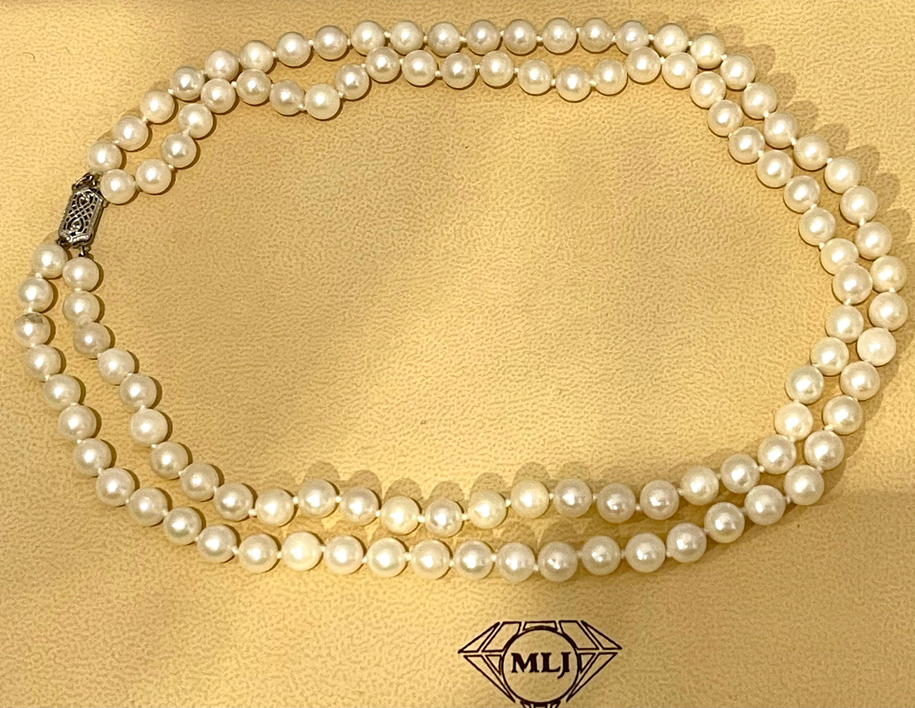 Women's Vintage Akoya Pearl Double Strand Necklace, 14 K W Gold