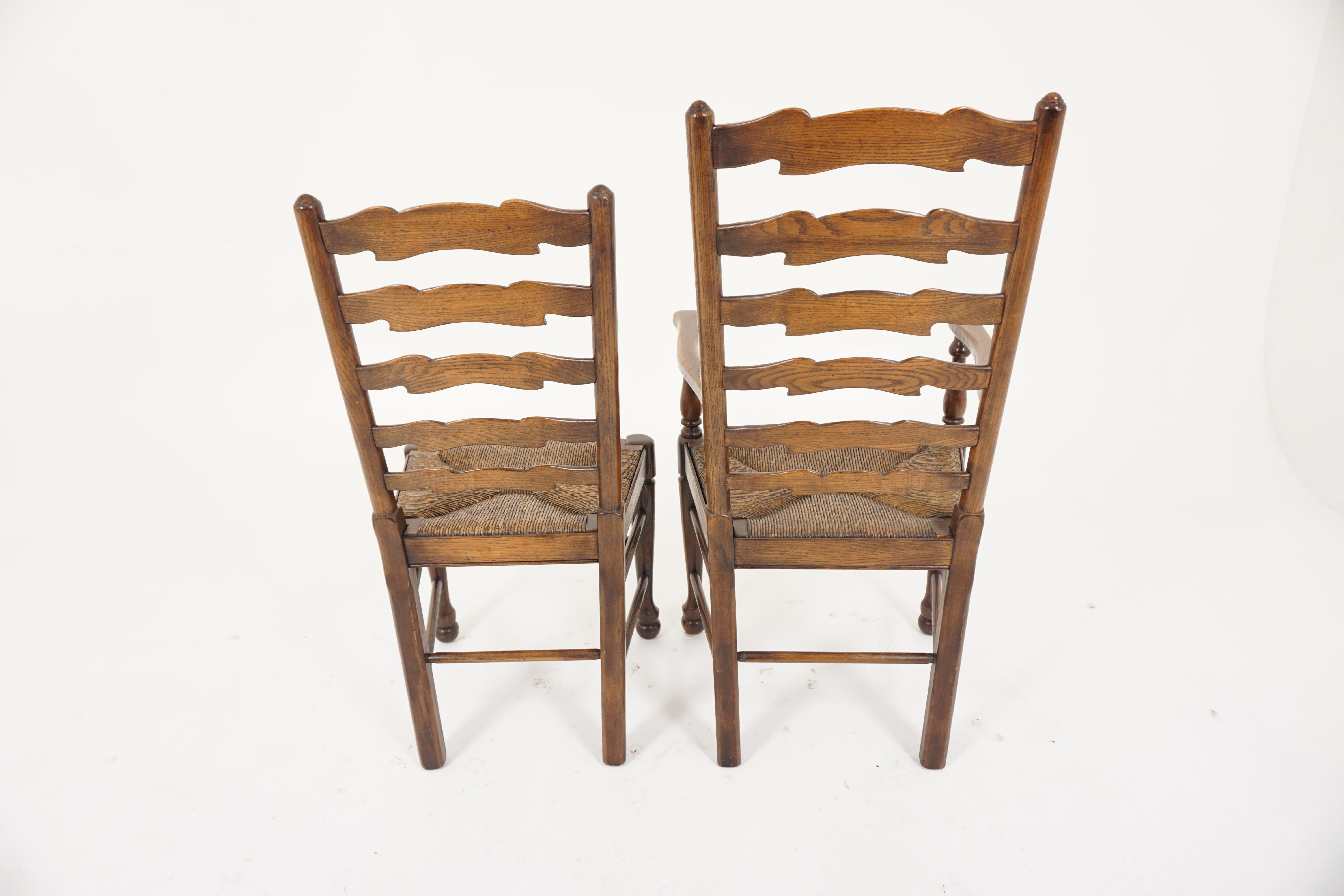Vintage 6 Oak Ladder Back Rush Seat Chairs 4+2, Scotland 1940, B2937 5