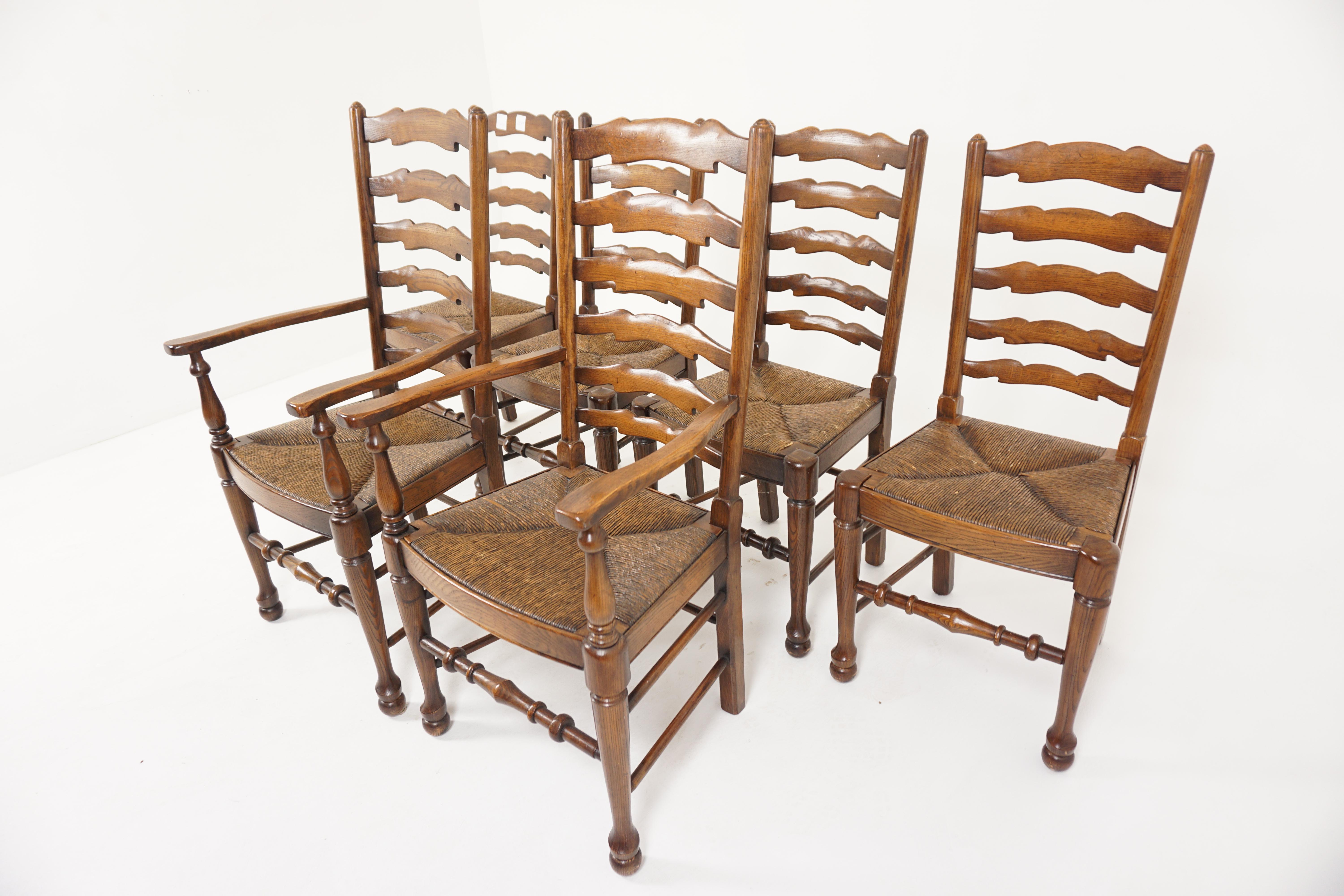 Vintage 6 oak ladder back rush seat chairs 4+2, Scotland 1940, B2937

Scotland 1940 
Solid oak 
Original finish
Five ladder back shaped rails to the back
Original rush seats
All standing on turned legs to the front with pod feet
Connected by