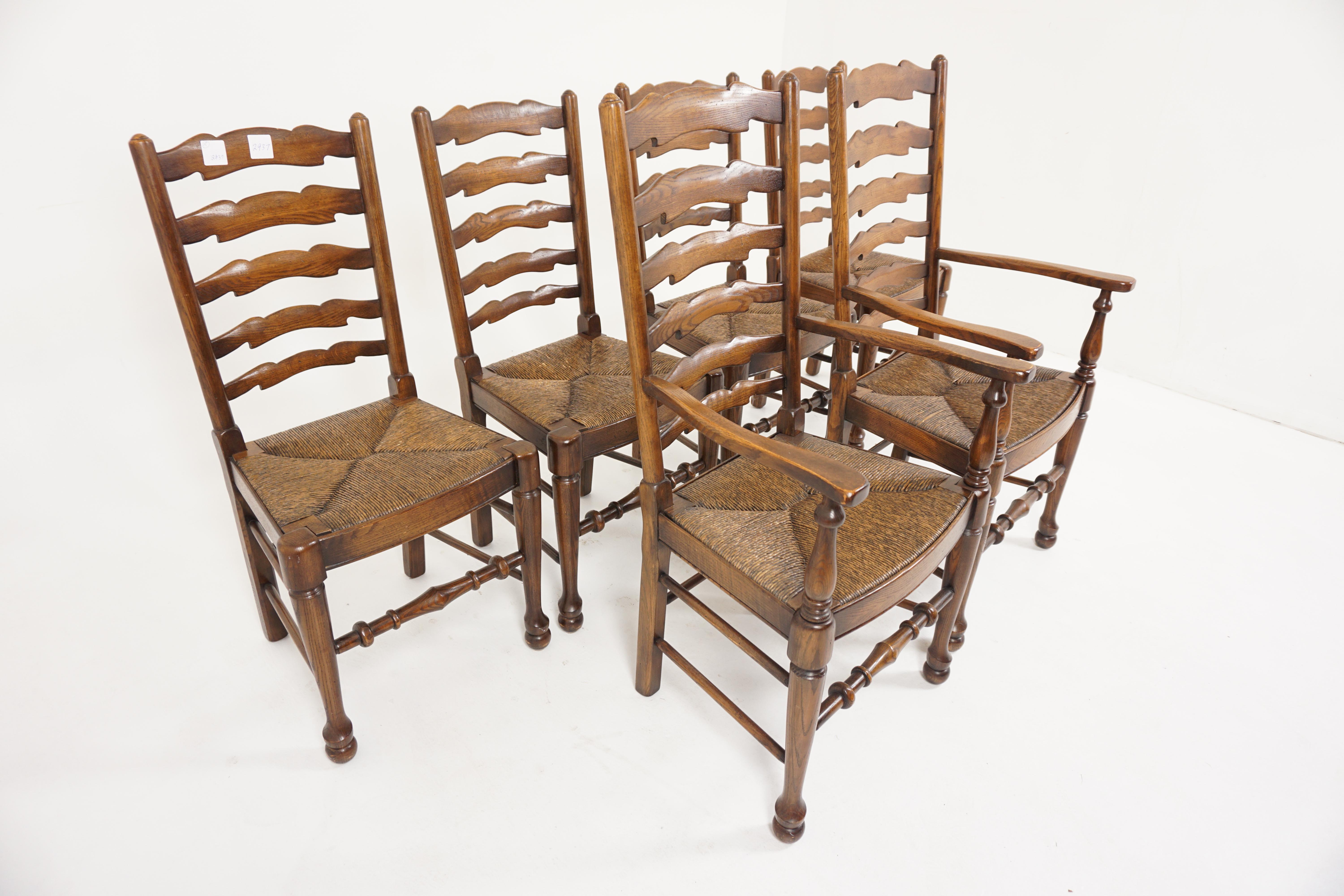 Scottish Vintage 6 Oak Ladder Back Rush Seat Chairs 4+2, Scotland 1940, B2937