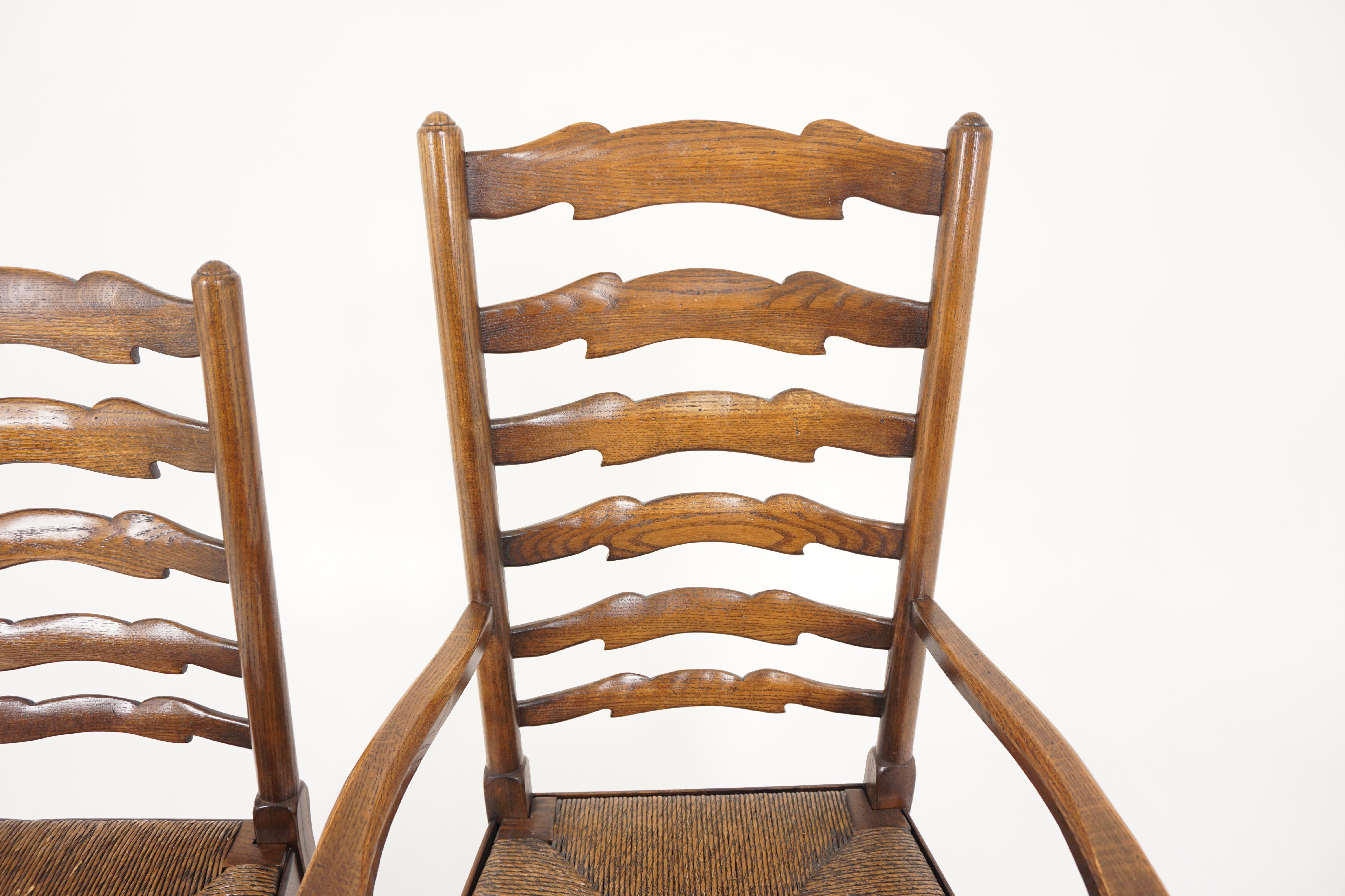 Vintage 6 Oak Ladder Back Rush Seat Chairs 4+2, Scotland 1940, B2937 1