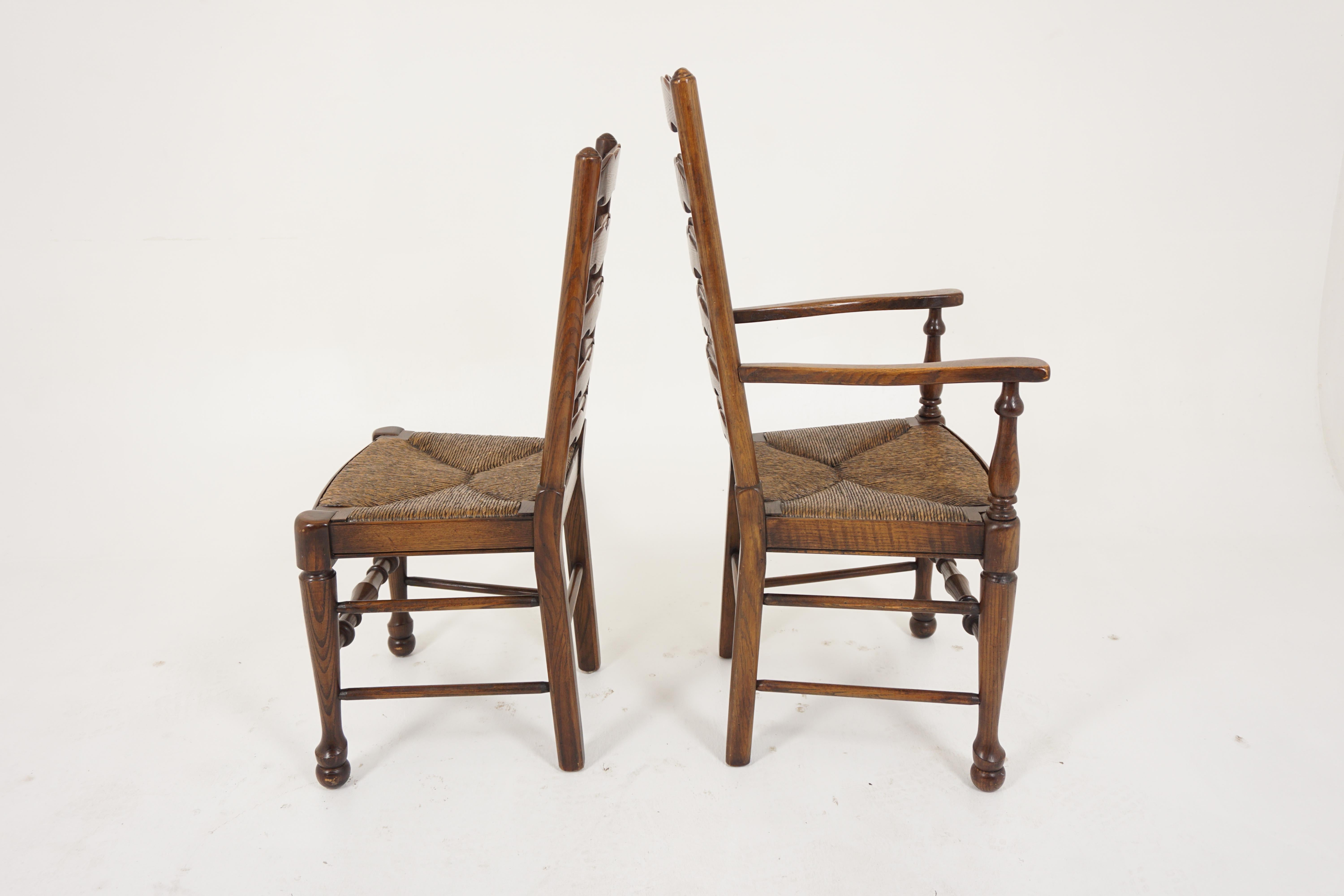 Vintage 6 Oak Ladder Back Rush Seat Chairs 4+2, Scotland 1940, B2937 4