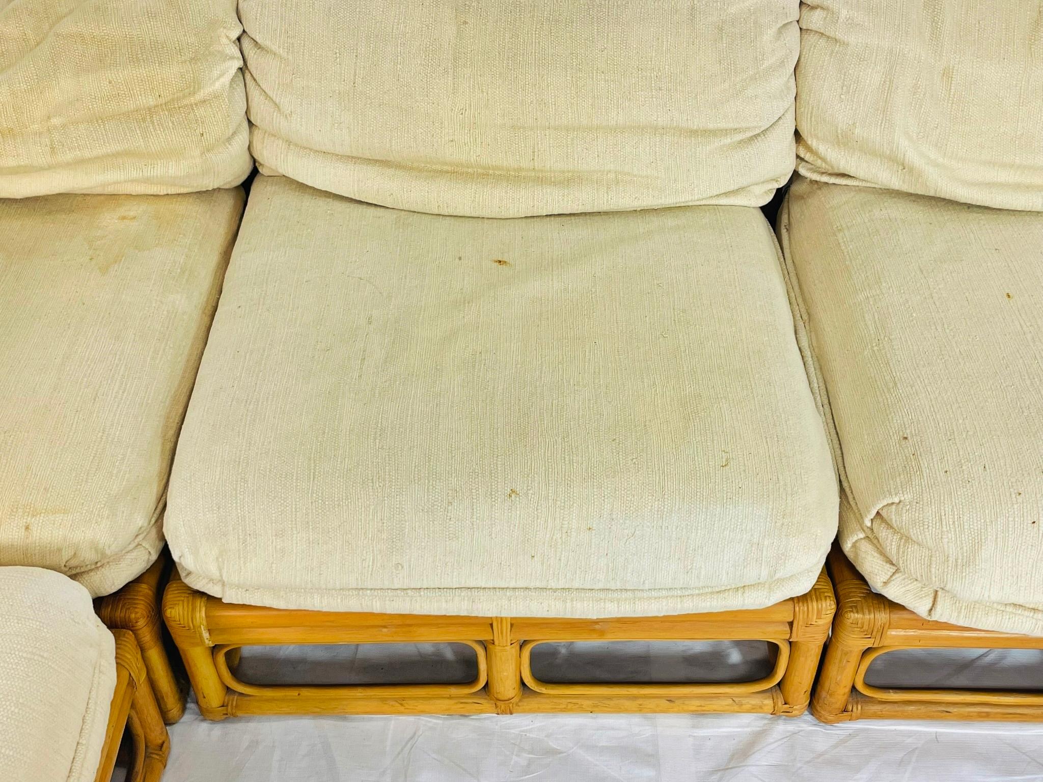 Divano modulare in bambù a 6 pezzi vintage, tappezzeria crema, anni '70 in vendita 7