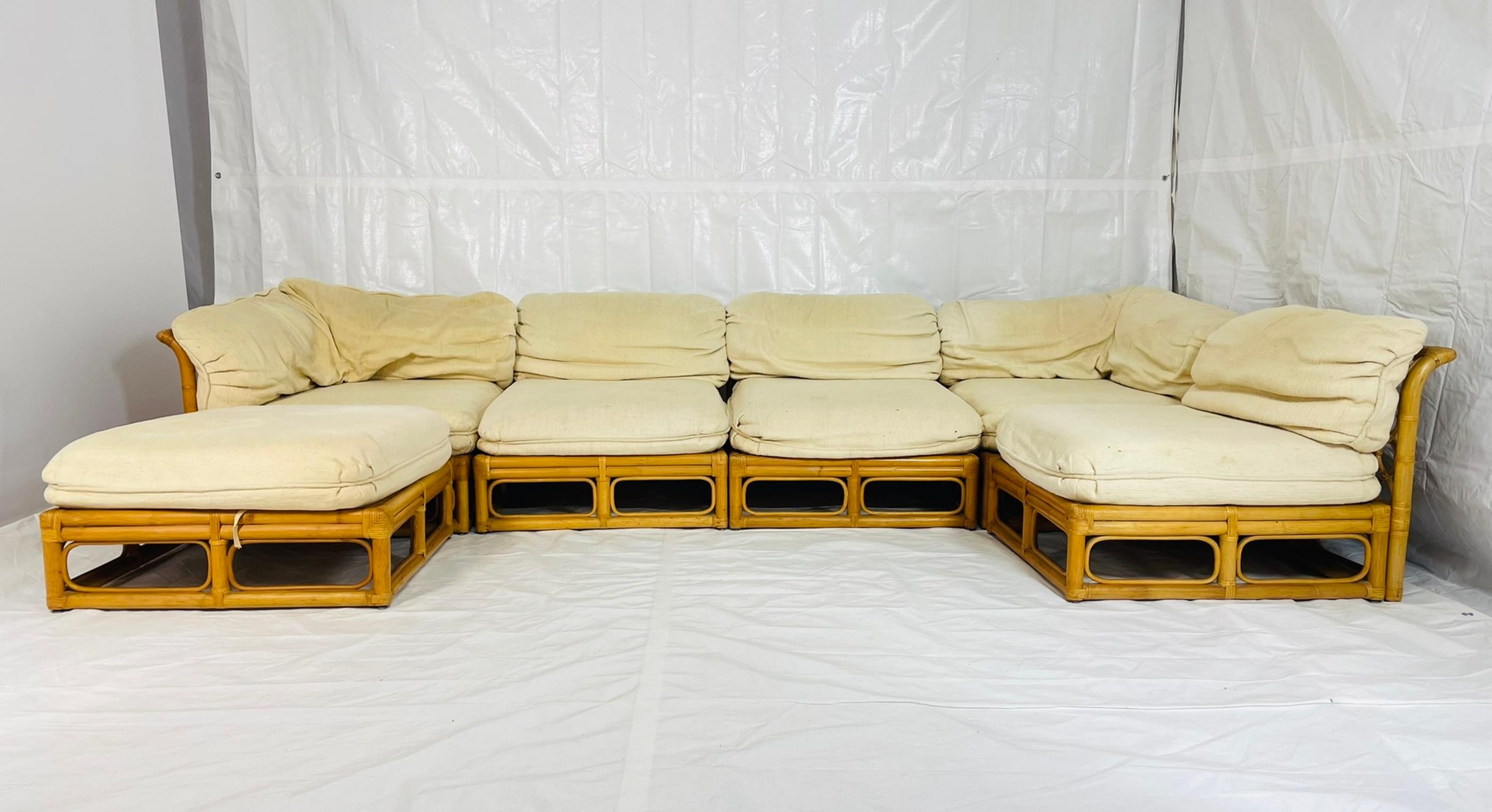 Filippino Divano modulare in bambù a 6 pezzi vintage, tappezzeria crema, anni '70 in vendita