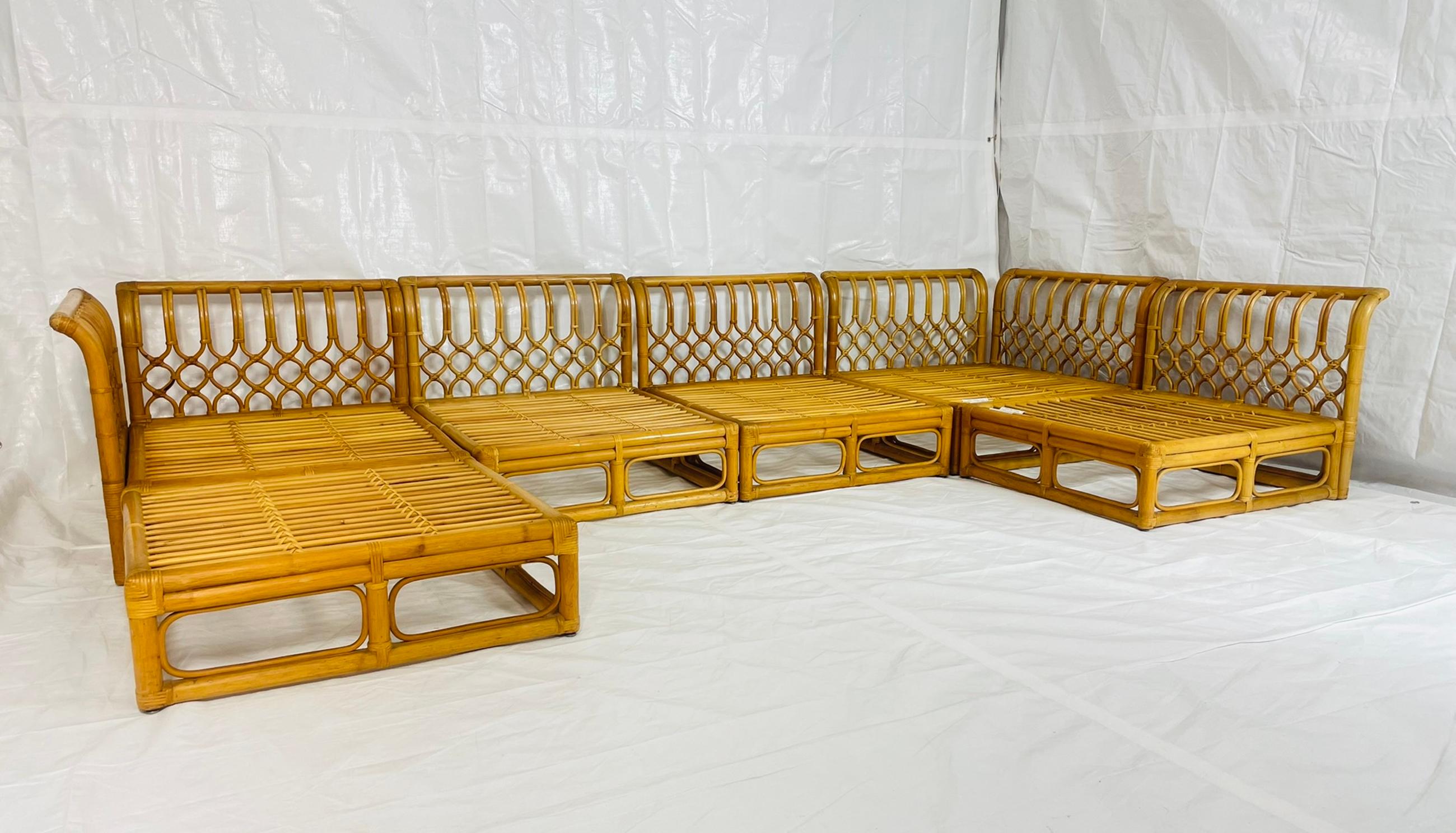 Tessuto Divano modulare in bambù a 6 pezzi vintage, tappezzeria crema, anni '70 in vendita