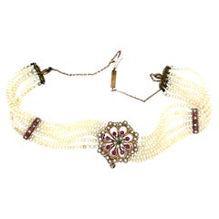 Vintage 6 Row 2.2mm Seed Pearl Choker Set With Emerald & Ruby Pendant in 9ct YG